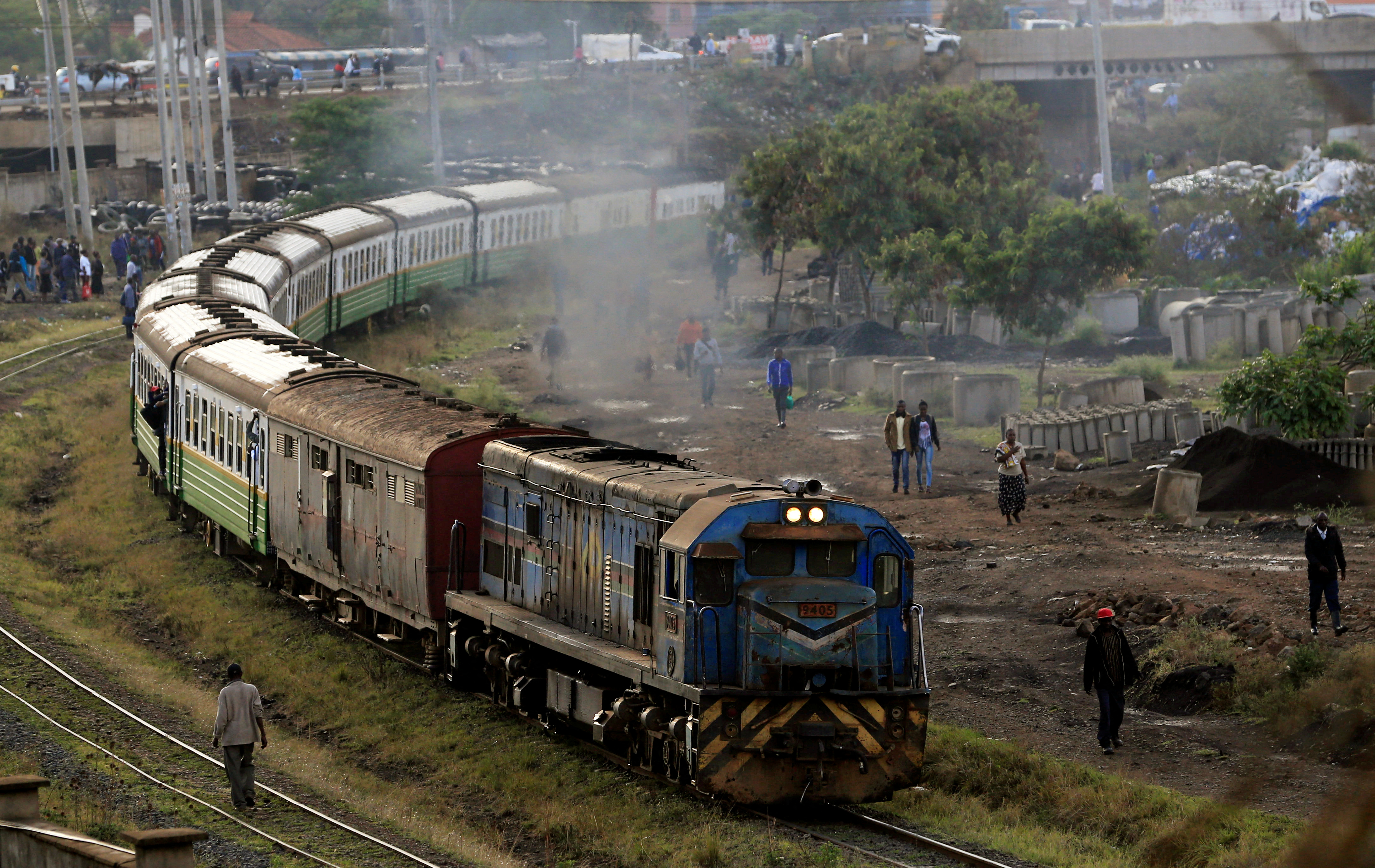 A commuter train of the Nairobi Commuter Rail Service (NCRS) travels from the Donholm station during a strike by the Federation of Public Transport operators in Nairobi