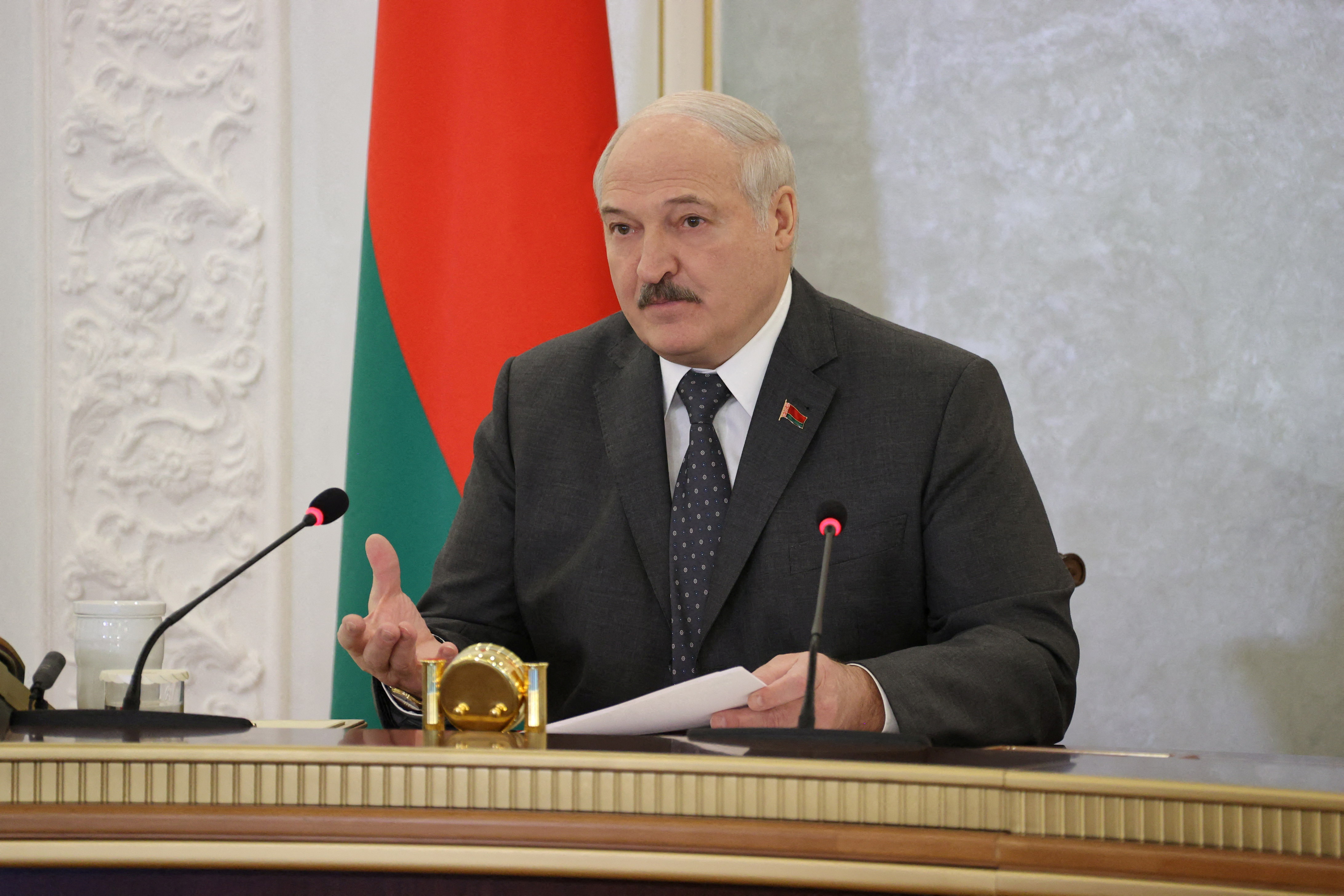 Belarusian President Lukashenko chairs a meeting with members of the Security Council in Minsk