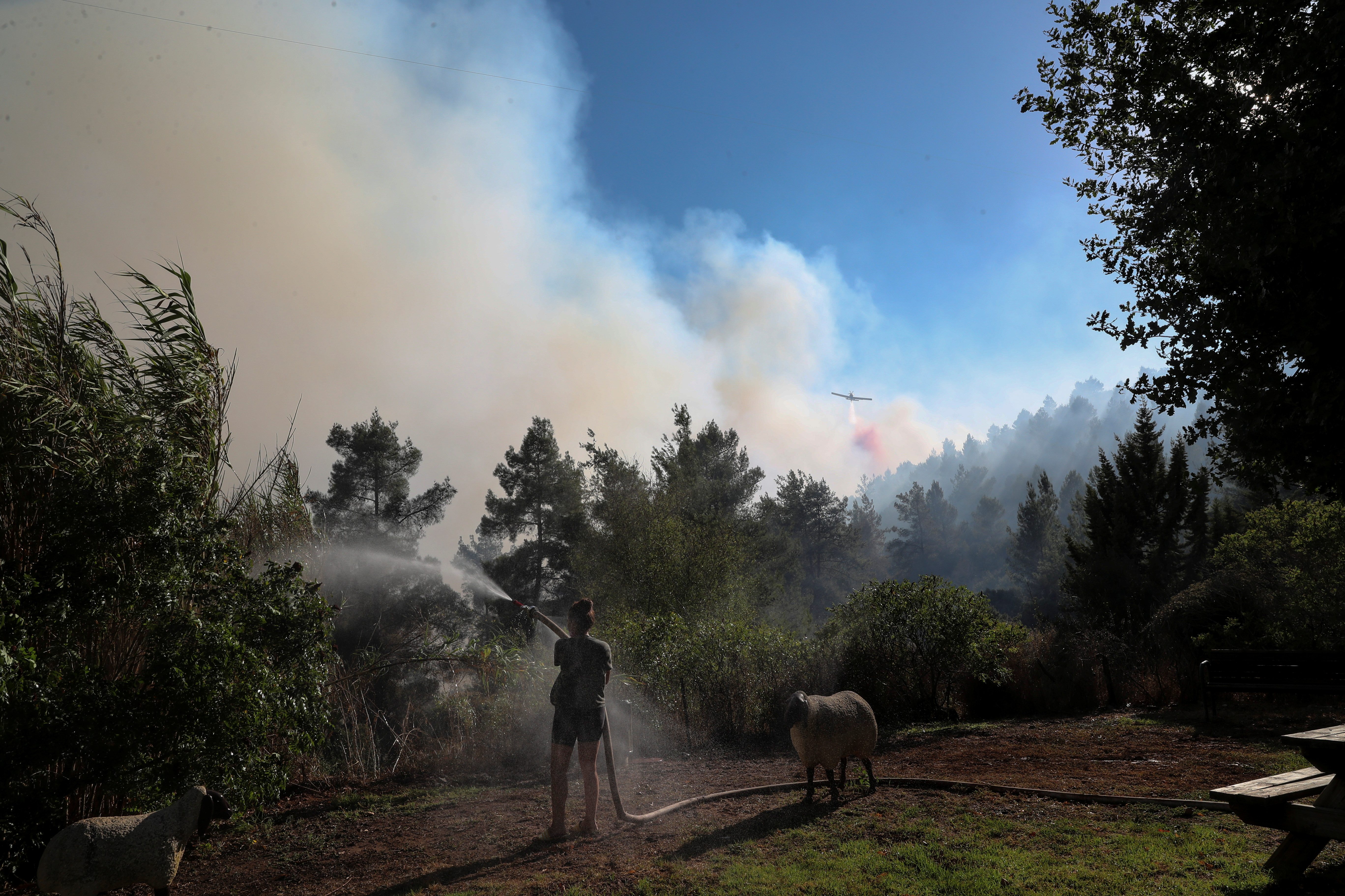 A woman sprays water at her garden as firefighting planes and firefighters try to extinguish wildfire from getting closer to the Israeli village of Shoevah at the outskirts of Jerusalem August 15, 2021. REUTERS/ Ronen Zvulun