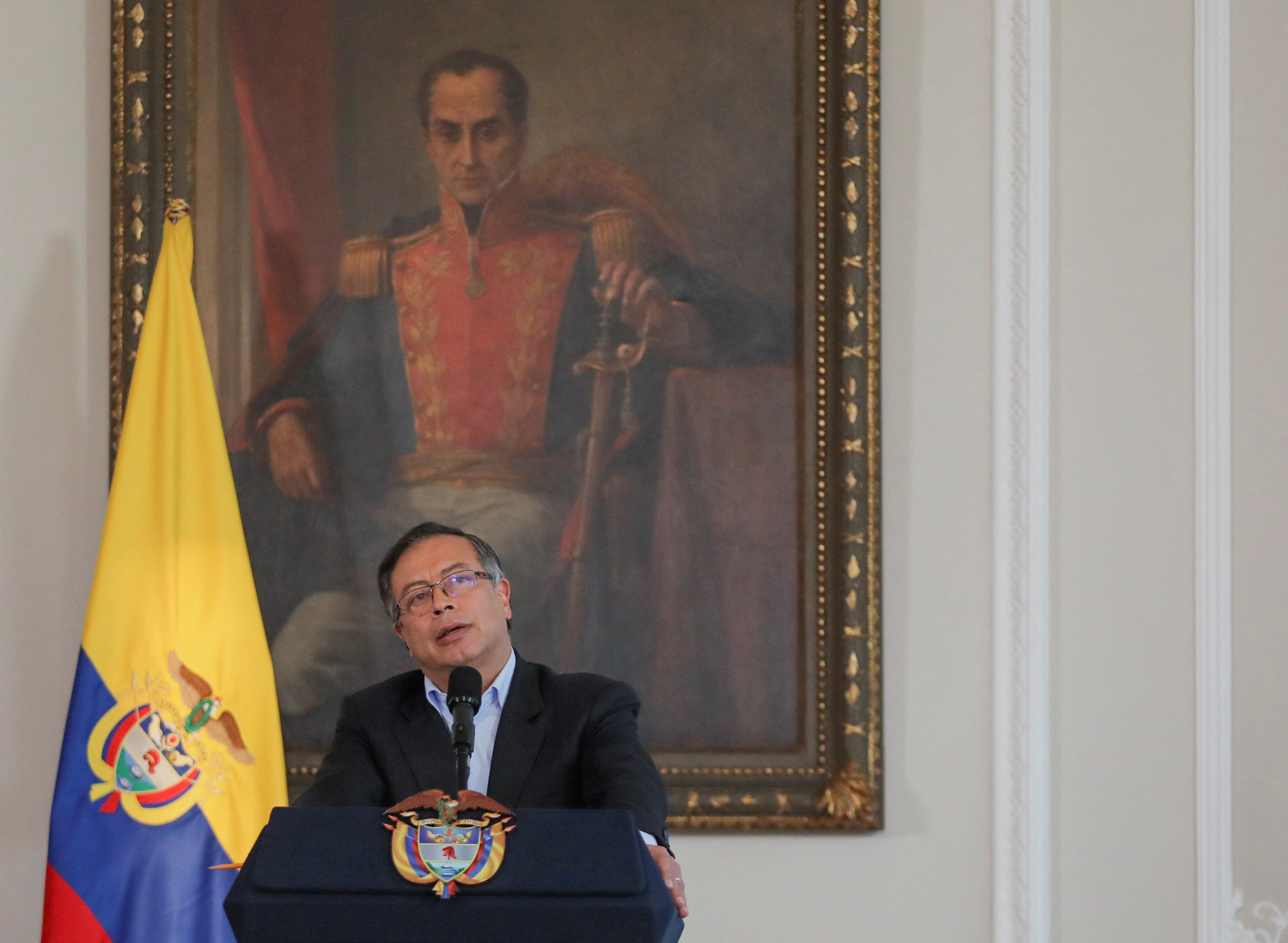 Colombian President Gustavo Petro speaks to journalists about his government's first 100 days, in Bogota