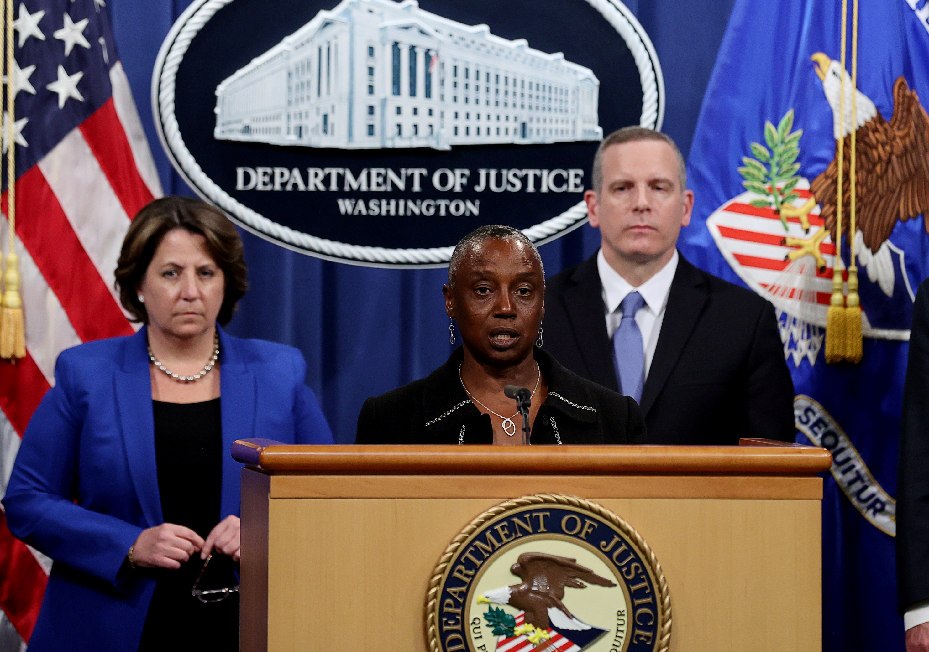 Acting U.S. Attorney for the Northern District of California Stephanie Hinds speaks about the Colonial Pipeline ransomware attack during a news conference with Deputy U.S. Attorney General Lisa Monaco and FBI Deputy Director Paul Abbate at the Justice Department in Washington, U.S., June 7, 2021. REUTERS/Jonathan Ernst/Pool/File Photo