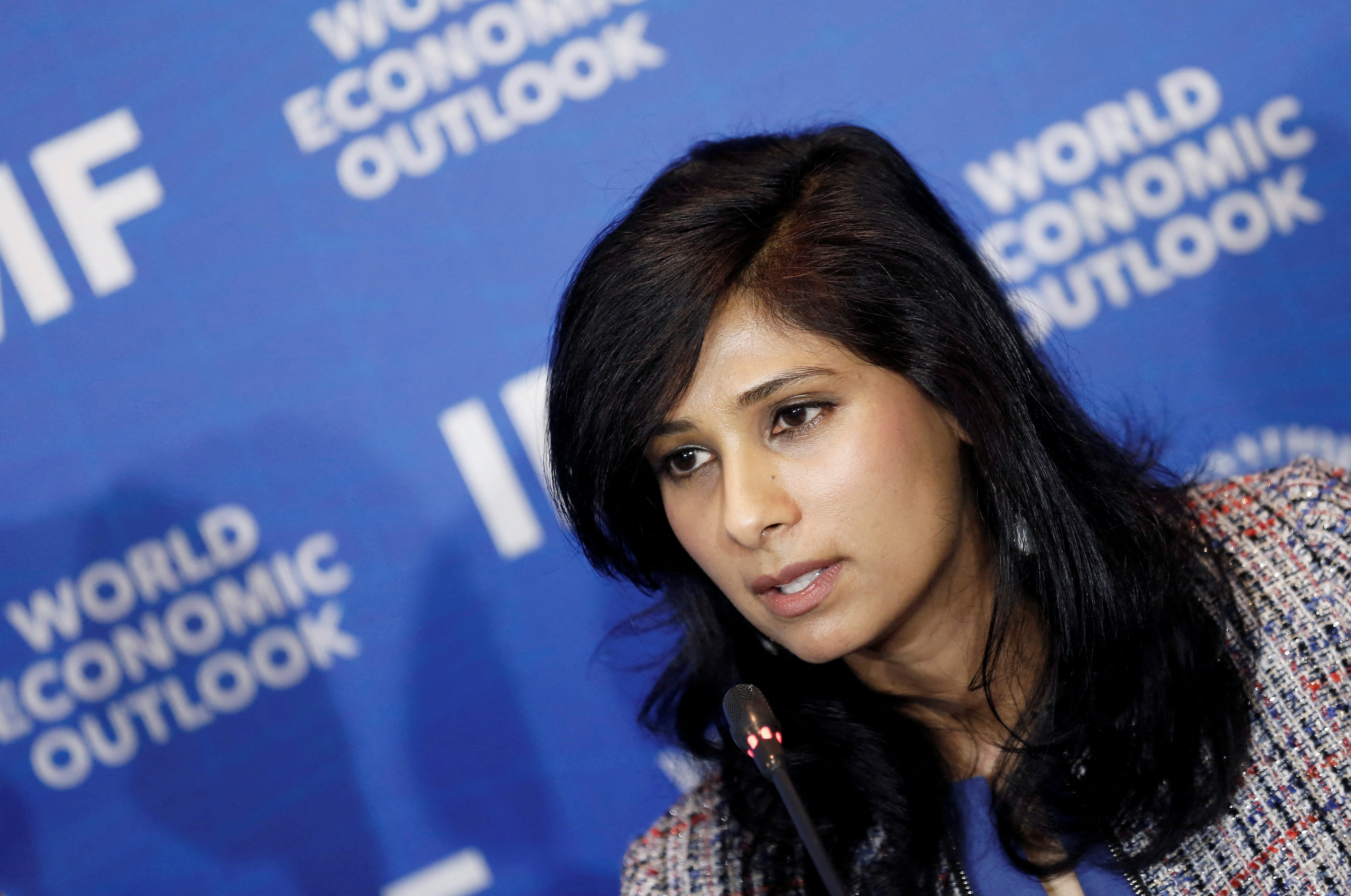 Gita Gopinath, Economic Counsellor and Director of the Research Department at the International Monetary Fund (IMF), speaks during a news conference in Santiago
