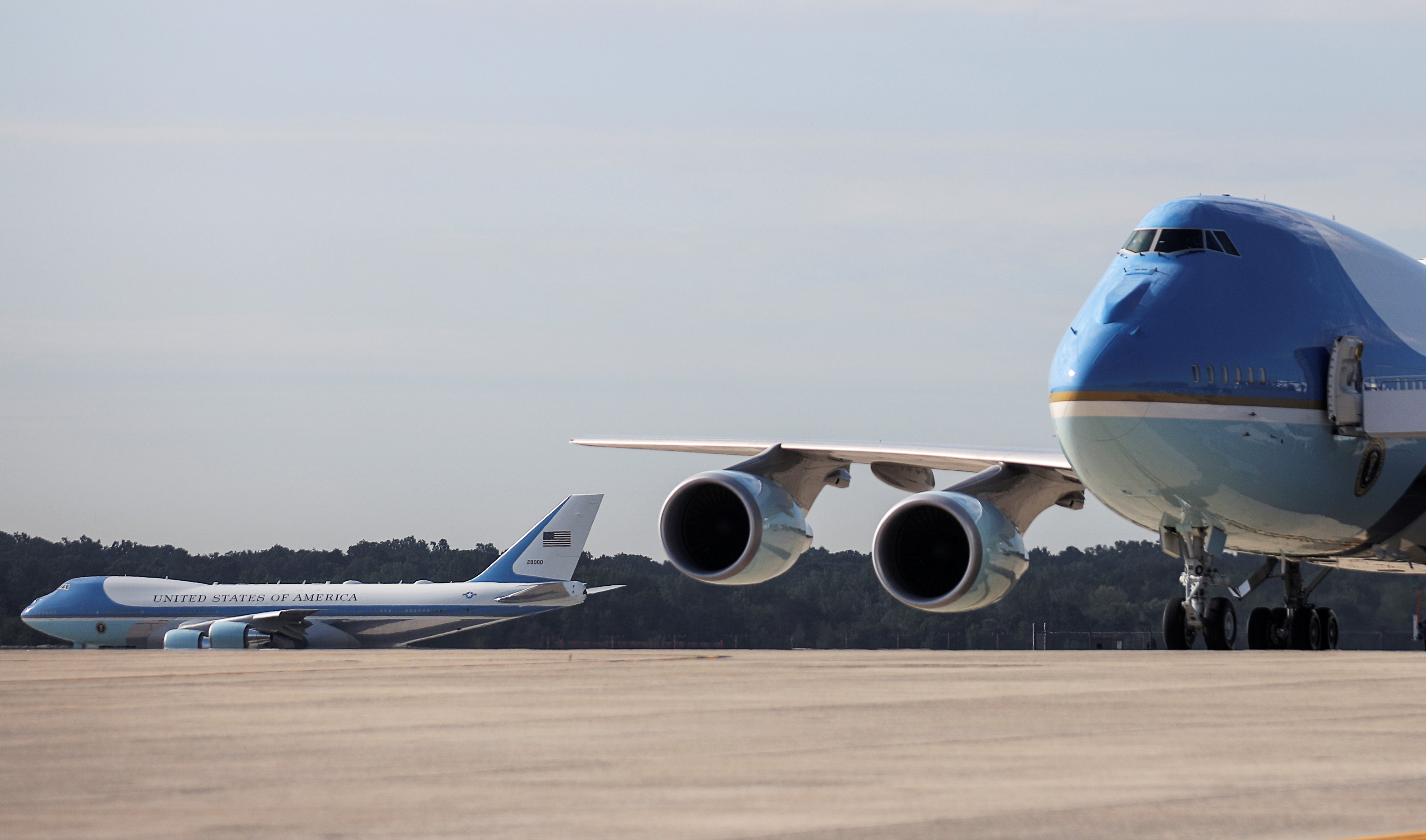 A pair of Boeing 747 Air Force One presidential aircraft are seen at Joint Base Andrews in Maryland