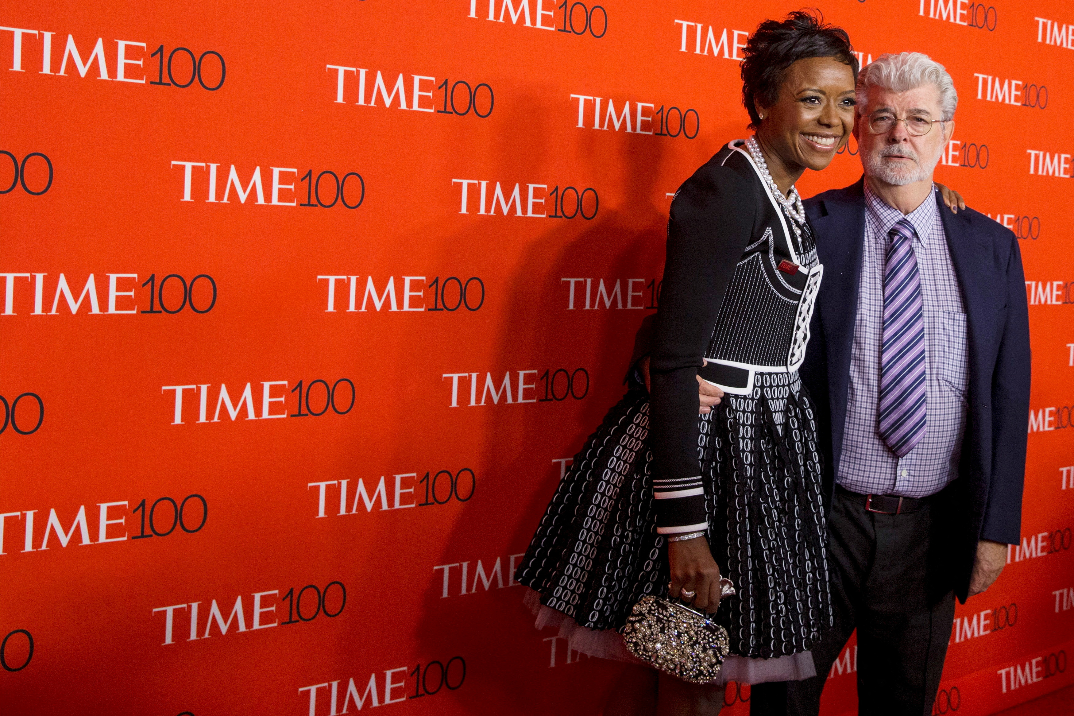 Director George Lucas and his wife Mellody Hobson arrive for the TIME 100 Gala in New York
