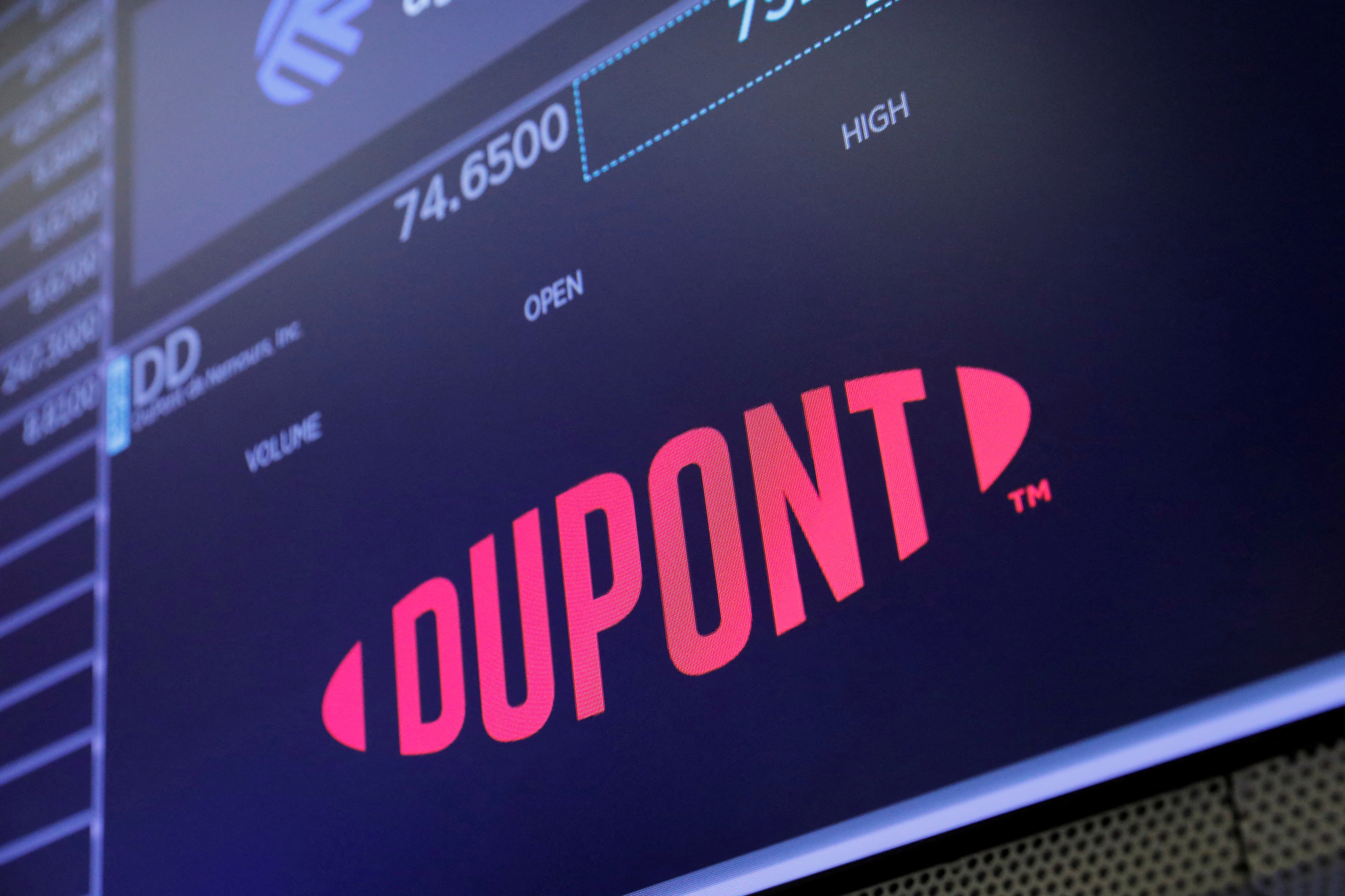 DuPont de Nemours, Inc. logo.  Shown on the trading floor of the New York Stock Exchange (NYSE) in Manhattan, New York City