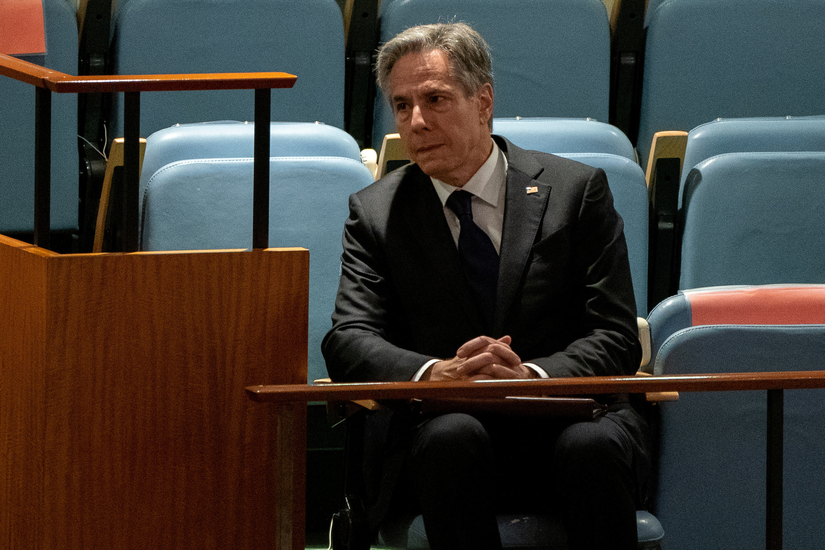U.S. Secretary of State Antony Blinken Sits On the Sidelines Prior to His Address to the United Nations General Assembly During the Nuclear Non-Proliferation Treaty Review Conference in New York