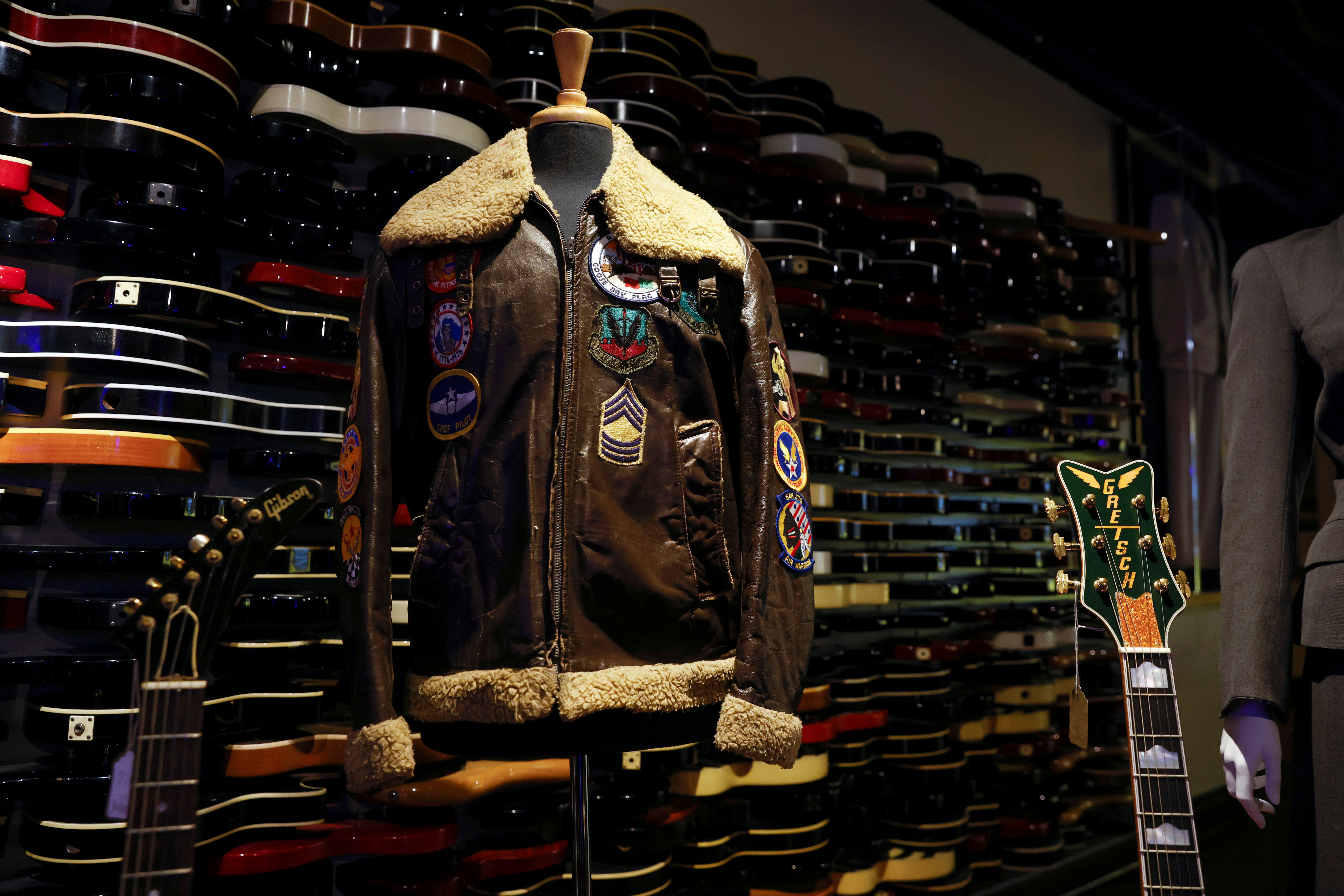 A World War II Pilot Jacket worn by Michael Jackson sits on display at Julien's Auctions and Public Exhibition media preview at the Hard Rock Cafe at Times Square in New York City