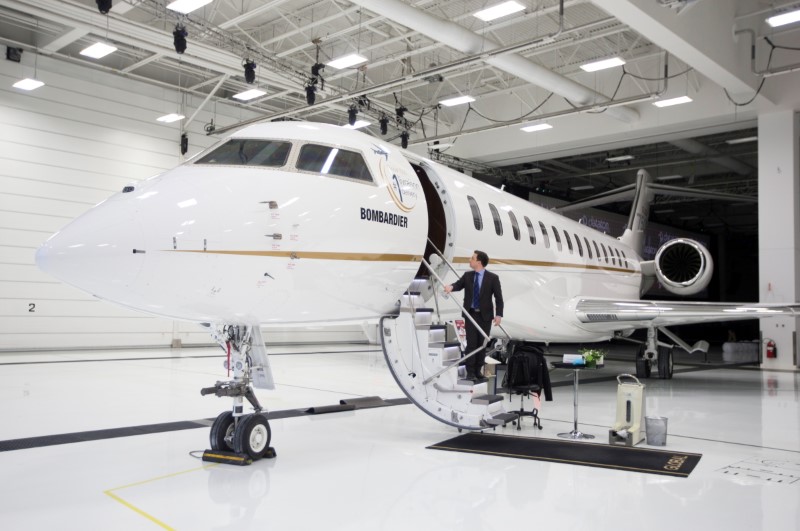 FILE PHOTO: Bombardier's Global 7500 business jet to have a queen-sized bed and hot shower, is shown during a media tour in Montreal