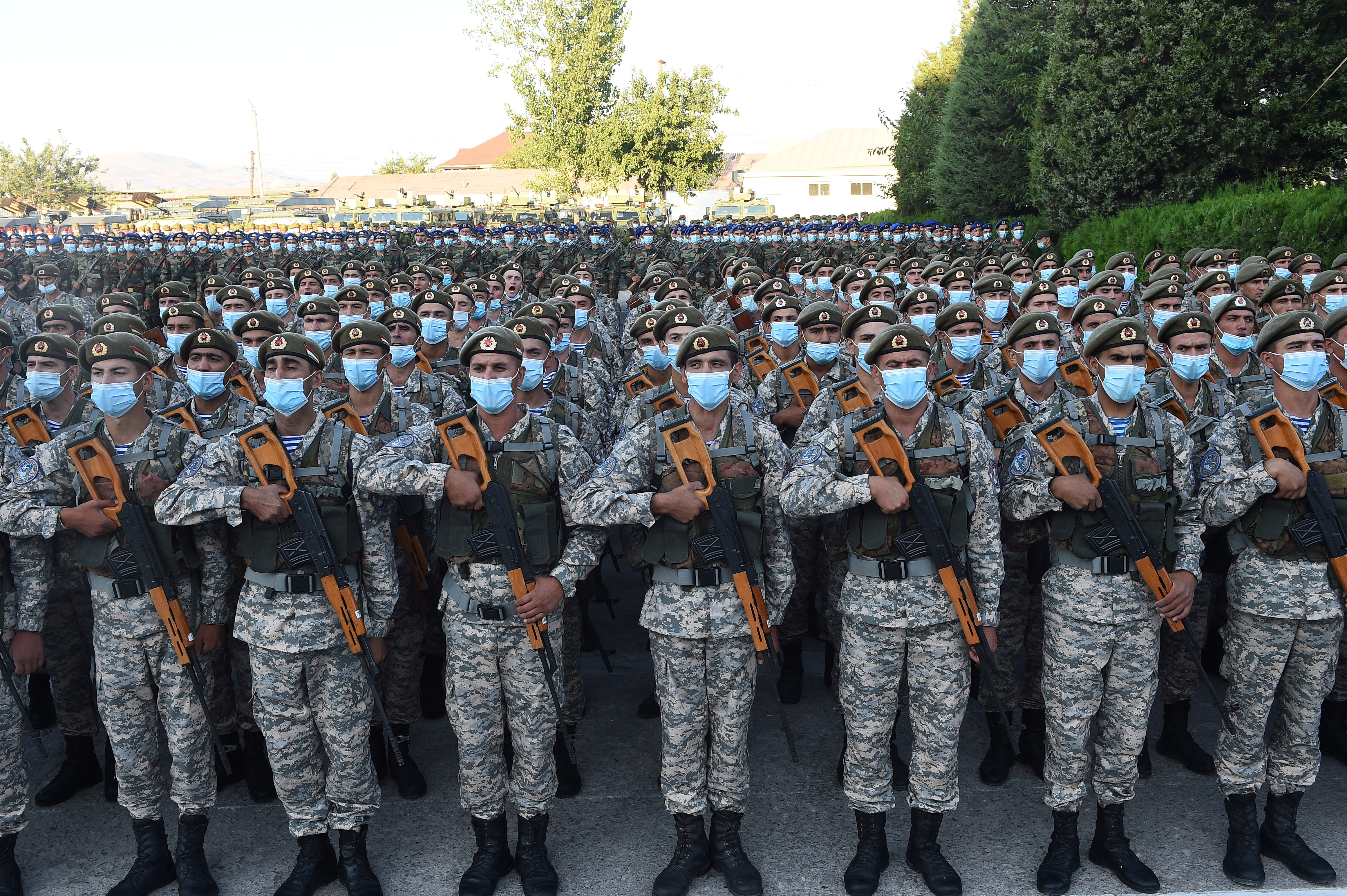 Tajik service members line up during a military parade in Dushanbe