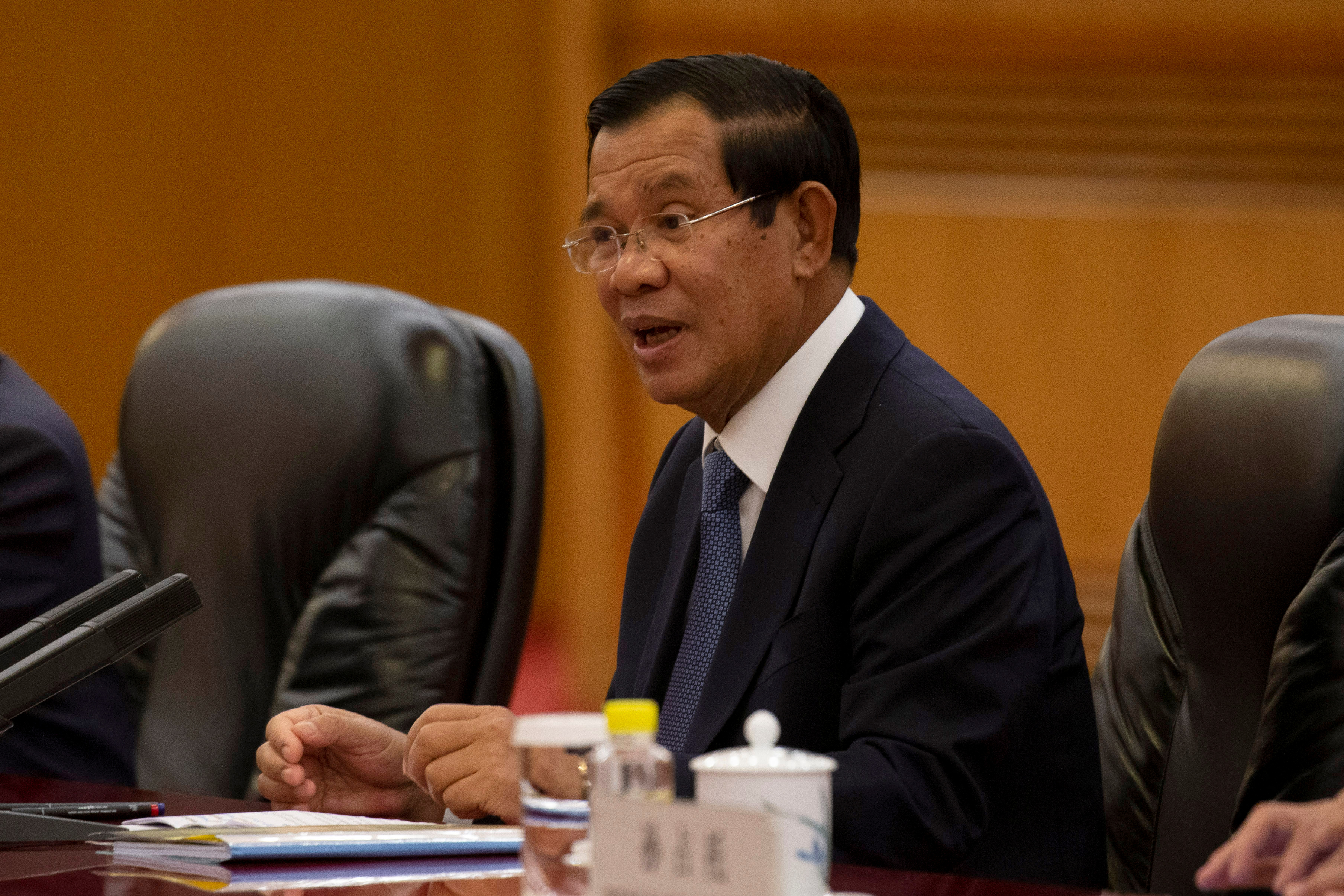 Cambodian Prime Minister Hun Sen speaks during a meeting with Chinese Premier Li Keqiang at the Great Hall of the People in Beijing