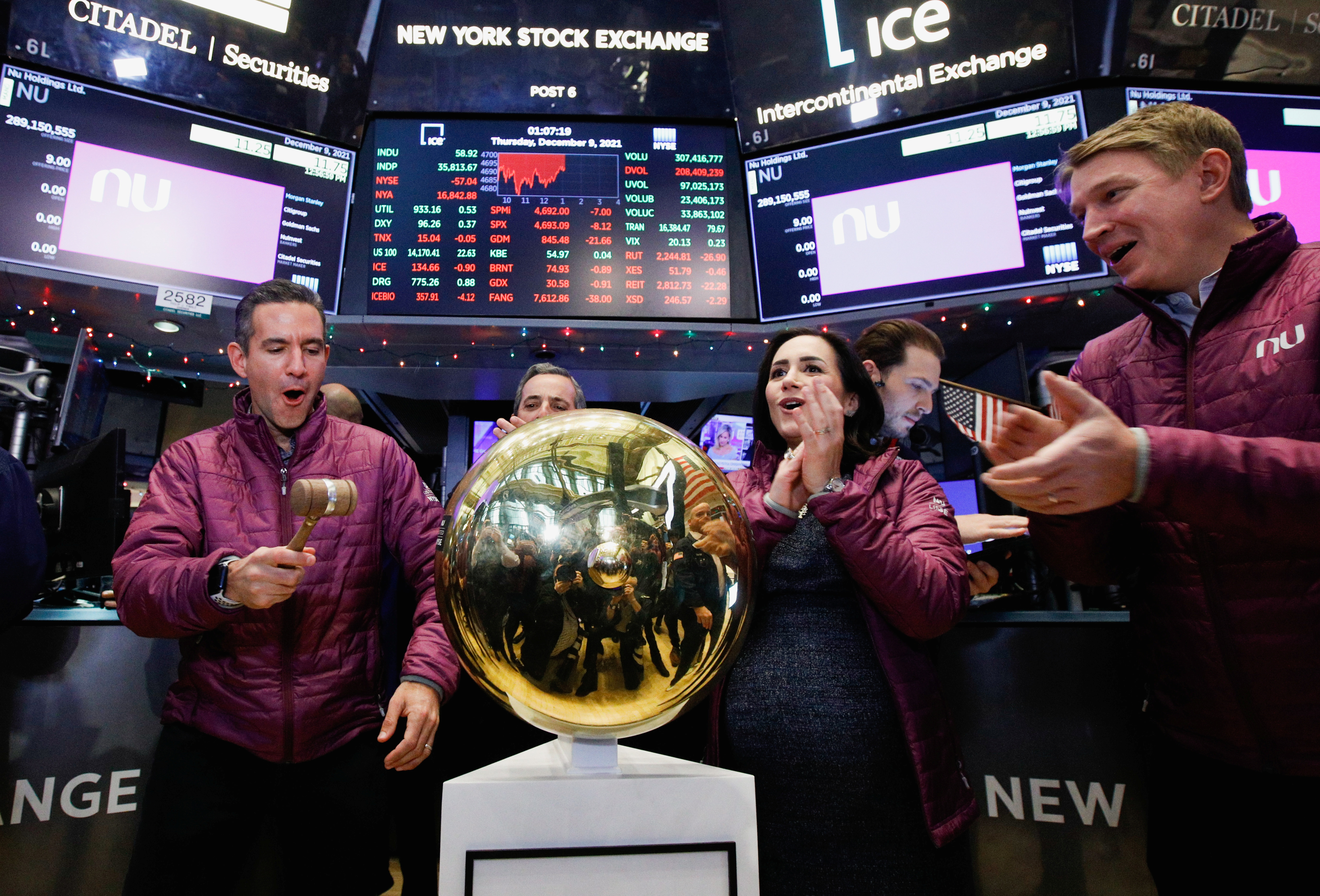 David Velez, Founder and CEO of Nubank, celebrates his company's first trade at the New York Stock Exchange