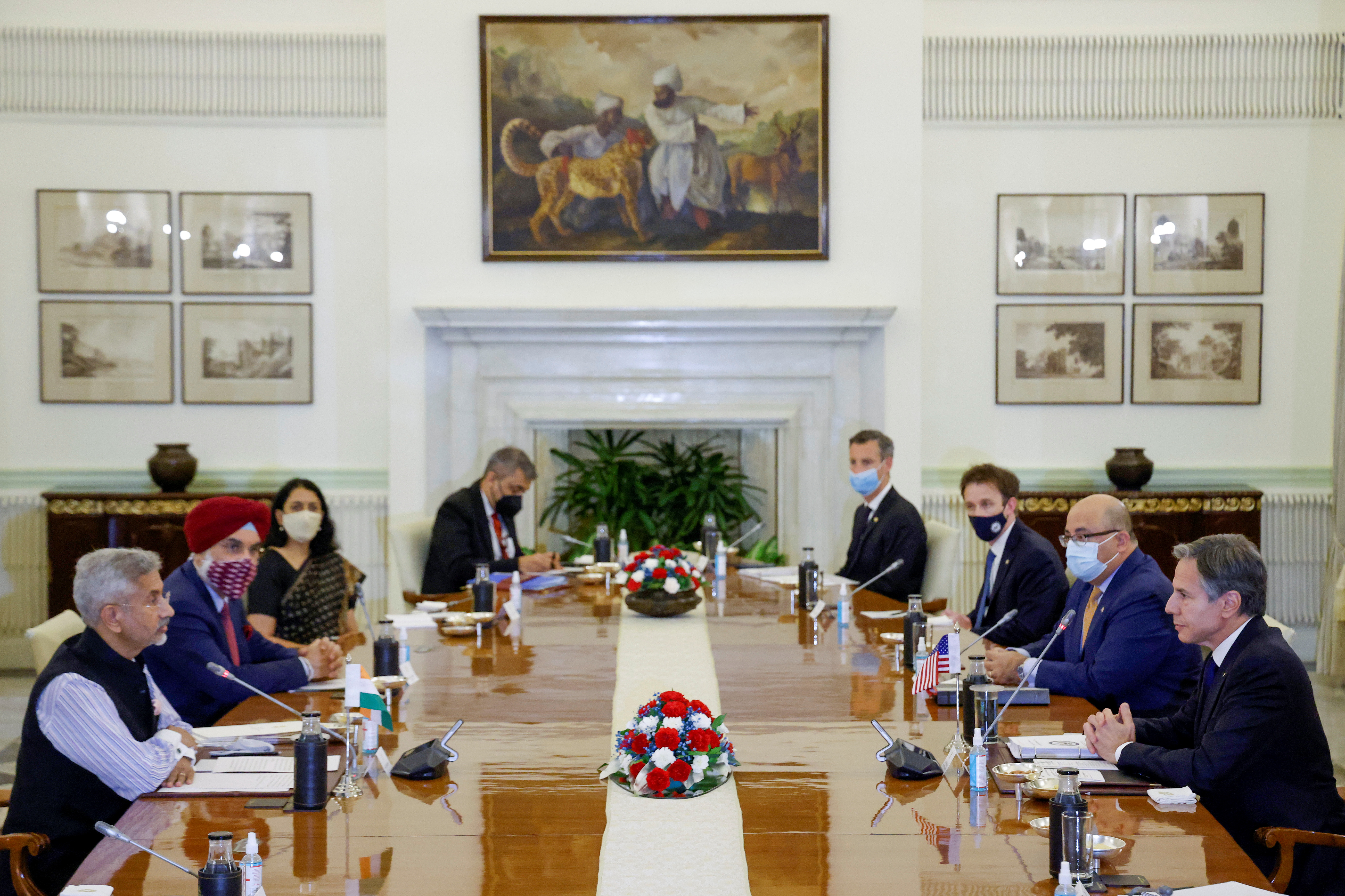 India's Minister of External Affairs Subrahmanyam Jaishankar and U.S. Secretary of State Antony Blinken deliver opening remarks as they sit down to meet at Hyderabad House in New Delhi, India July 28, 2021. REUTERS/Jonathan Ernst