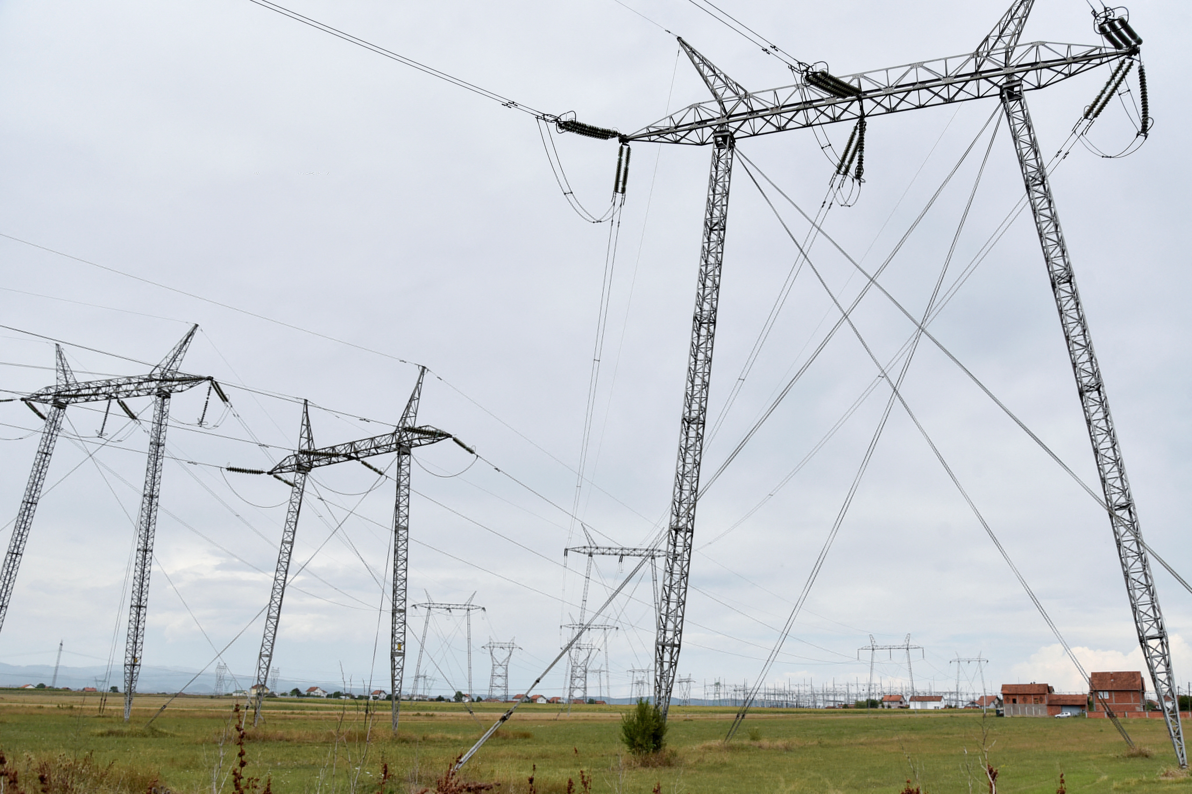 High-voltage power lines are pictured near the town of Obiliq