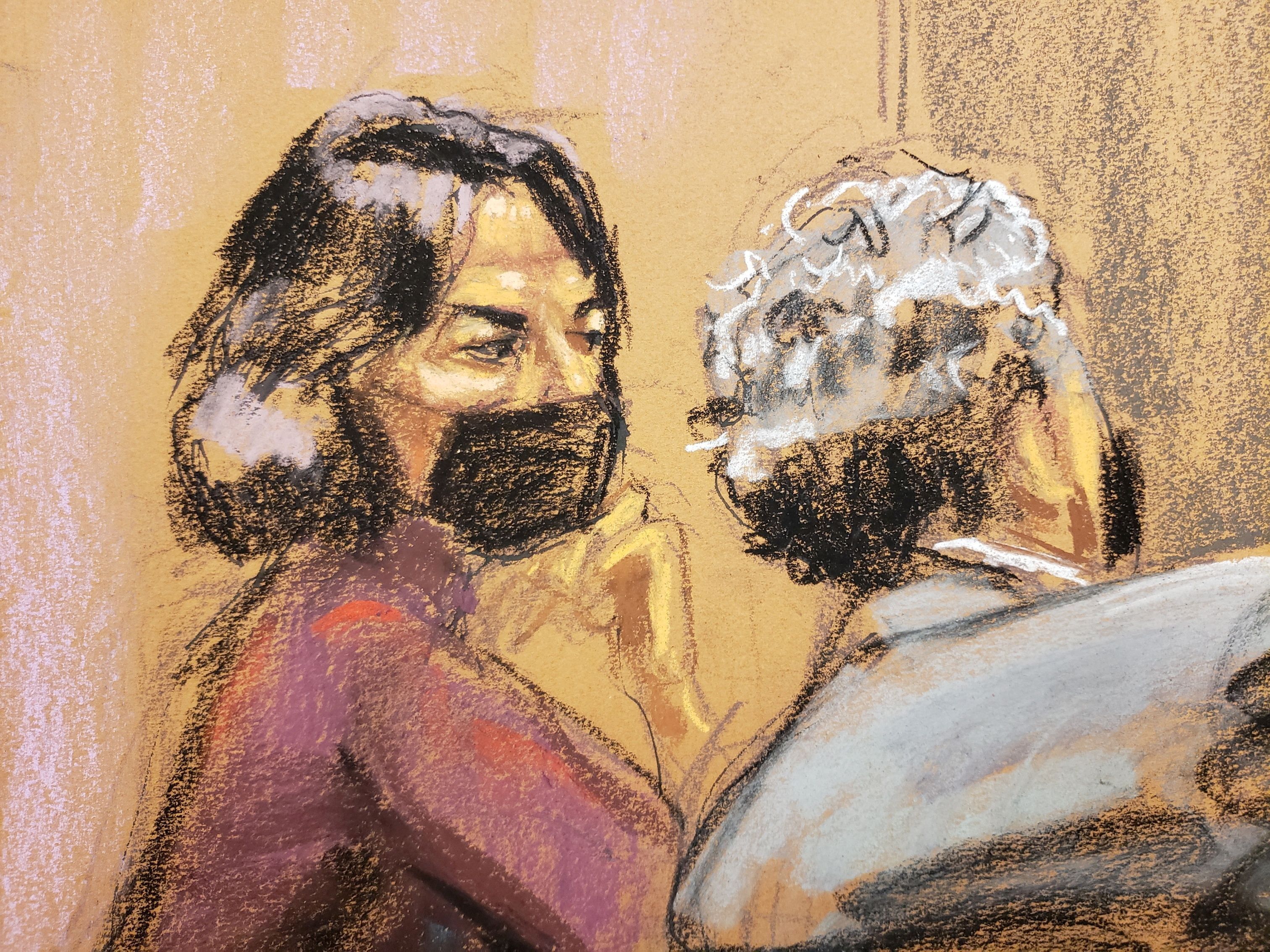 Defense attorney Jeffrey Pagliuca speaks with Jeffrey Epstein associate Ghislaine Maxwell during her trial in a courtroom sketch in New York City, U.S., December 29, 2021. REUTERS/Jane Rosenberg/File Photo