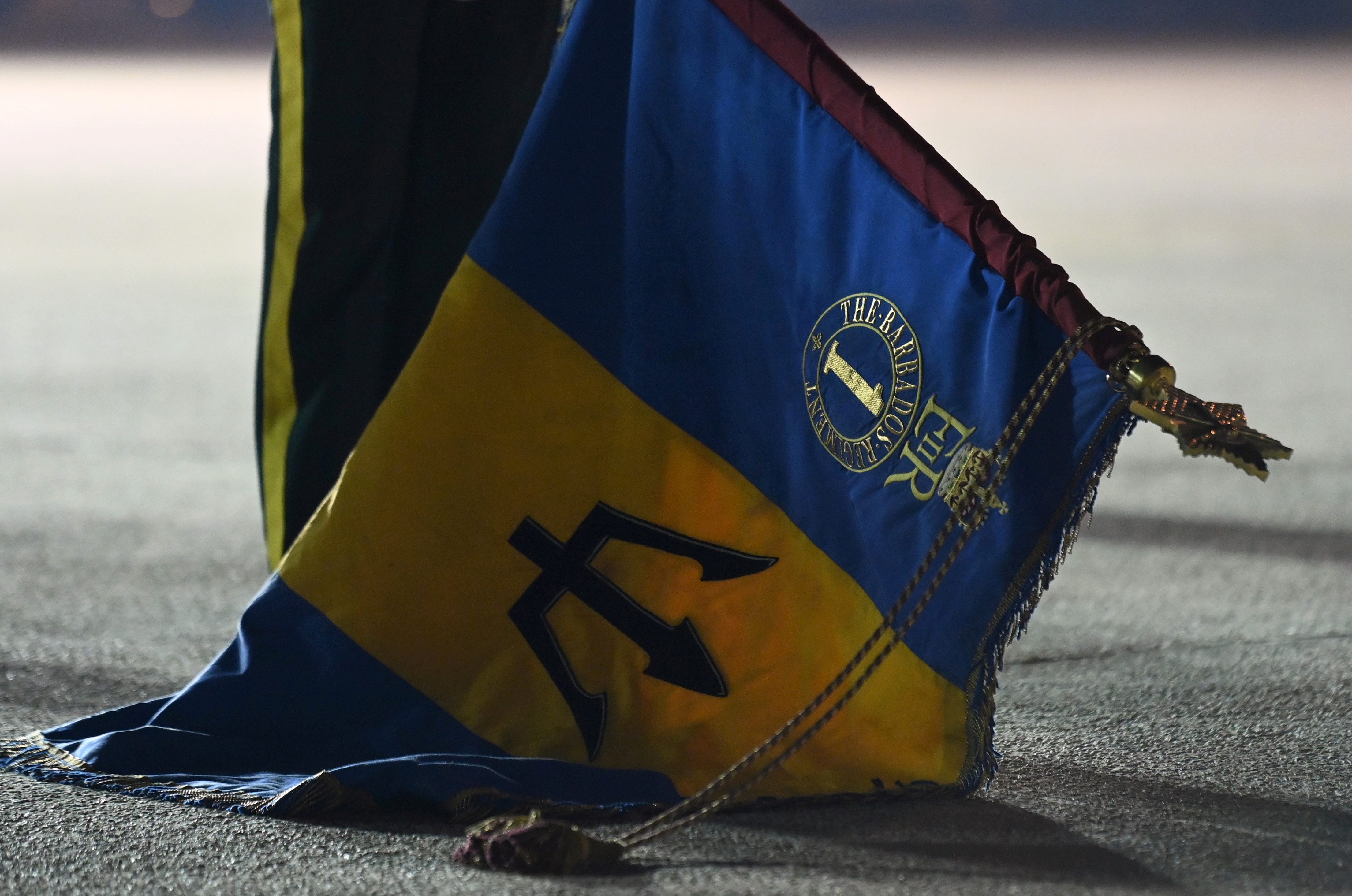 Detail including the royal crest of Britain's Queen Elizabeth is seen on a flag held by a member of the Barbados military during a Guard of Honour as Britain's Prince Charles arrives at Grantley Adams Airport to take part in events to mark the Caribbean island's transition to a birth of a new republic, Bridgetown, Barbados, November 28, 2021. REUTERS/Toby Melville