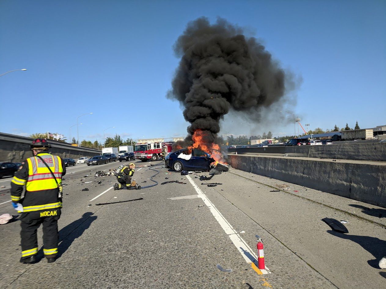 Tesla Model X which crashed on U.S. Highway 101 is seen in Mountain View