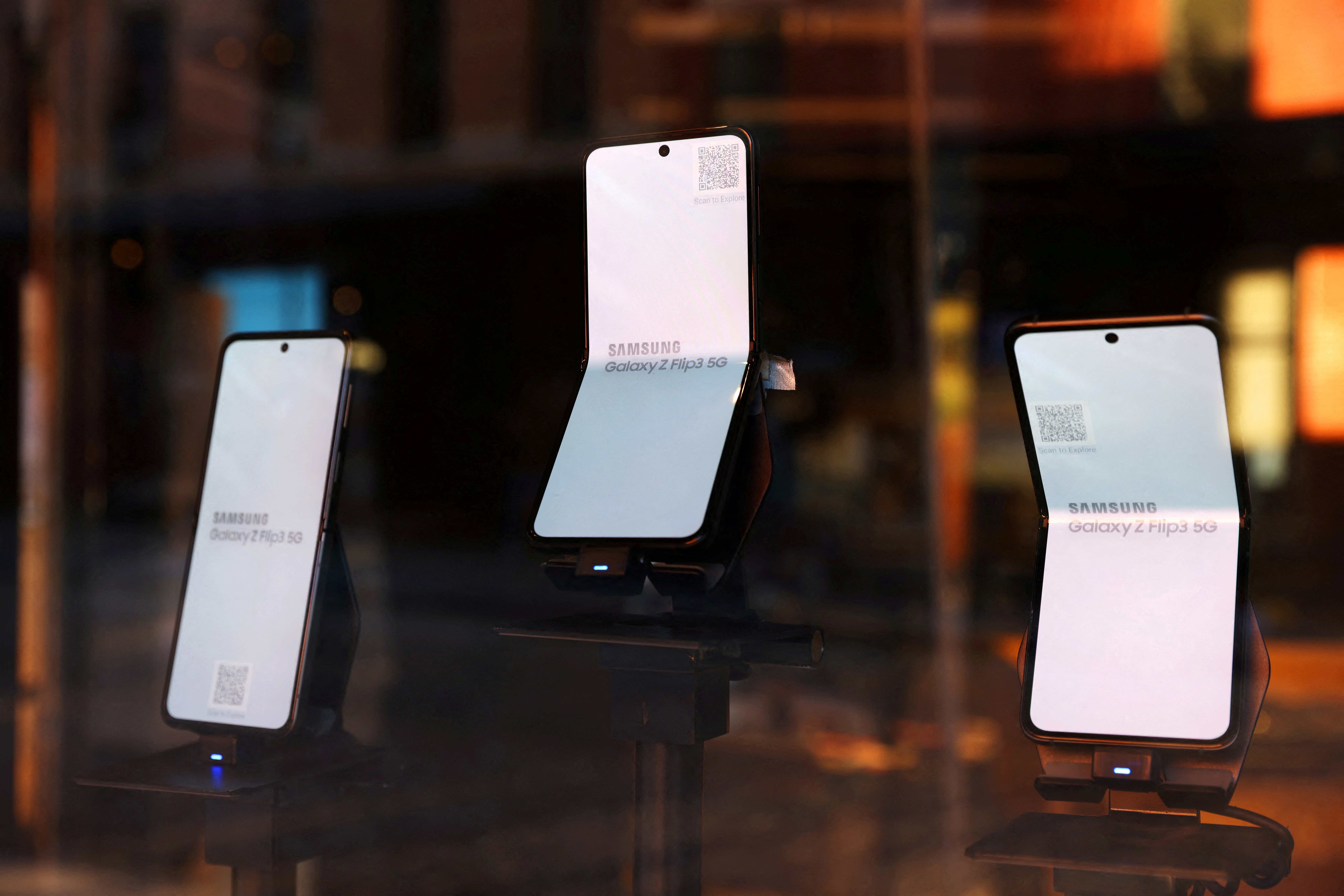Samsung Galaxy Z Flip3 5G cell phones are seen displayed at Samsung 837 in Manhattan, New York City