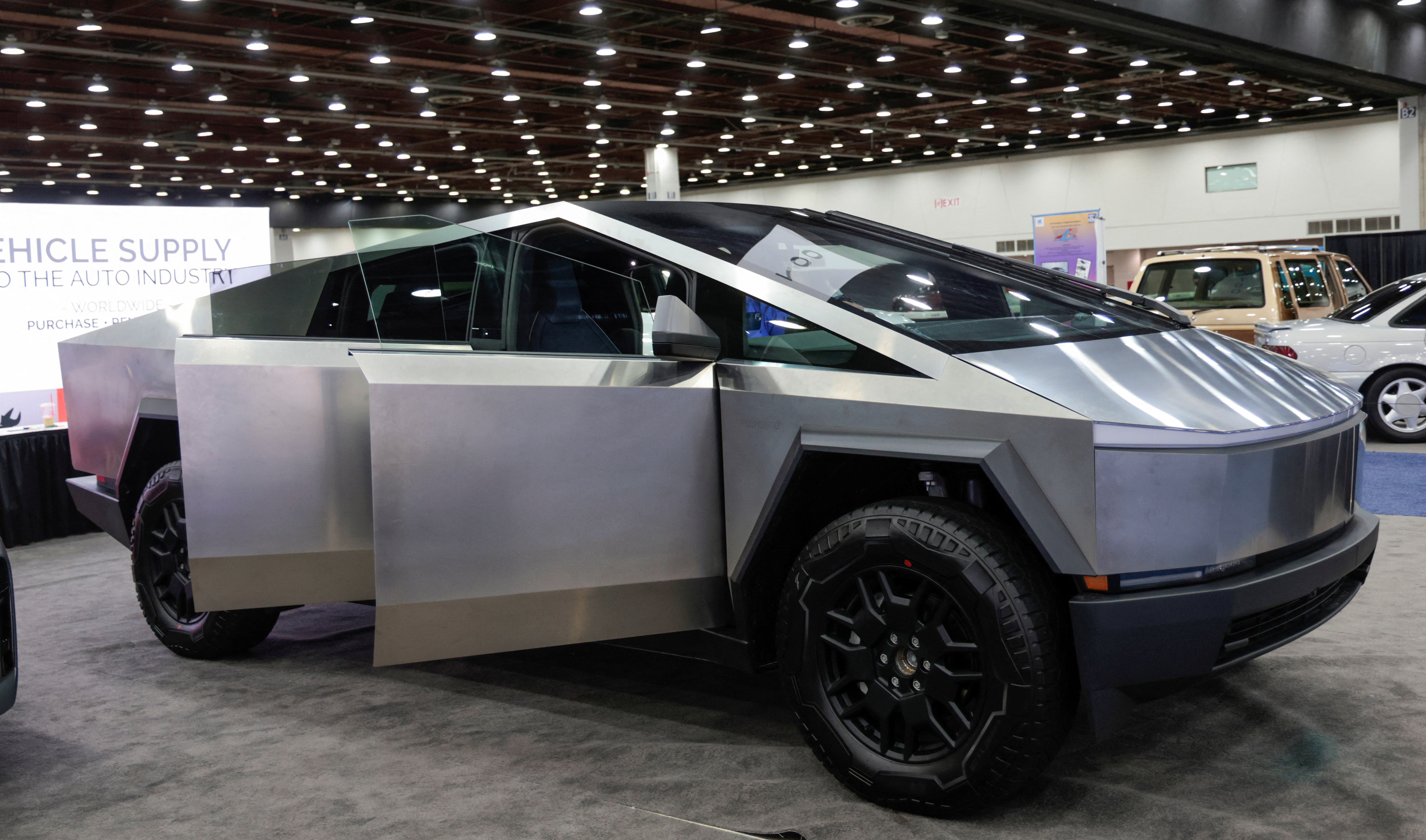 The Tesla Cybertruck is displayed at the SAE WCX conference in Detroit