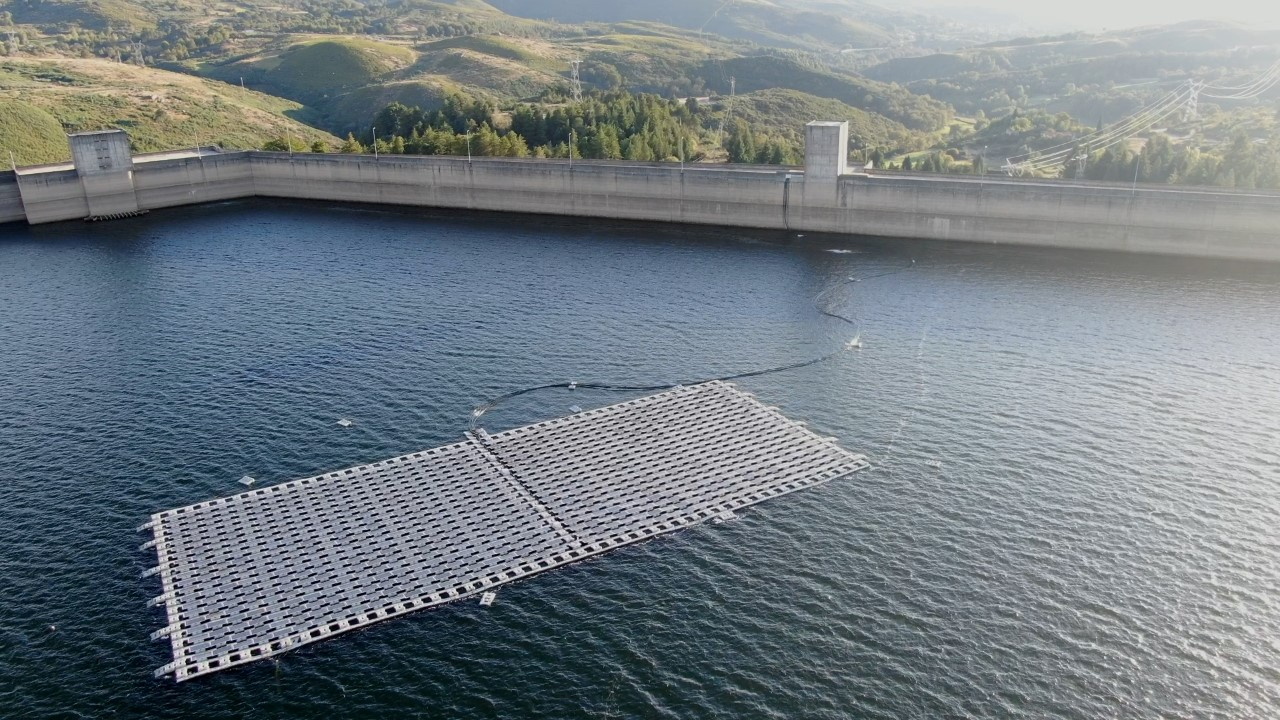 Solar panels of the Alto Rabagao Floating Solar Photovoltaic Park pilot project are seen at the Rabagao river basin, in Montalegre