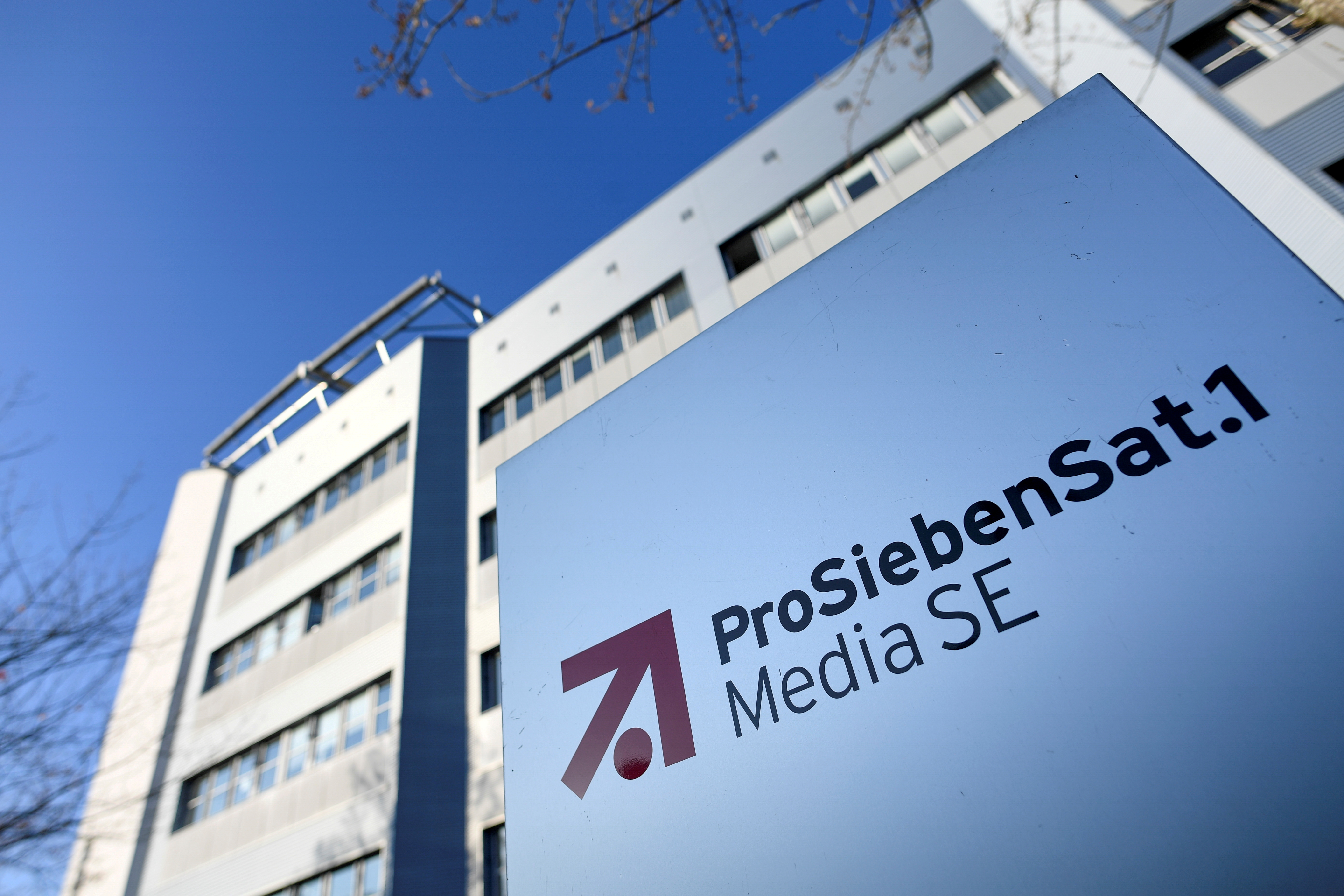 FILE PHOTO: The logo of German media company ProSiebenSat.1 in front of its headquarters in Unterfoehring