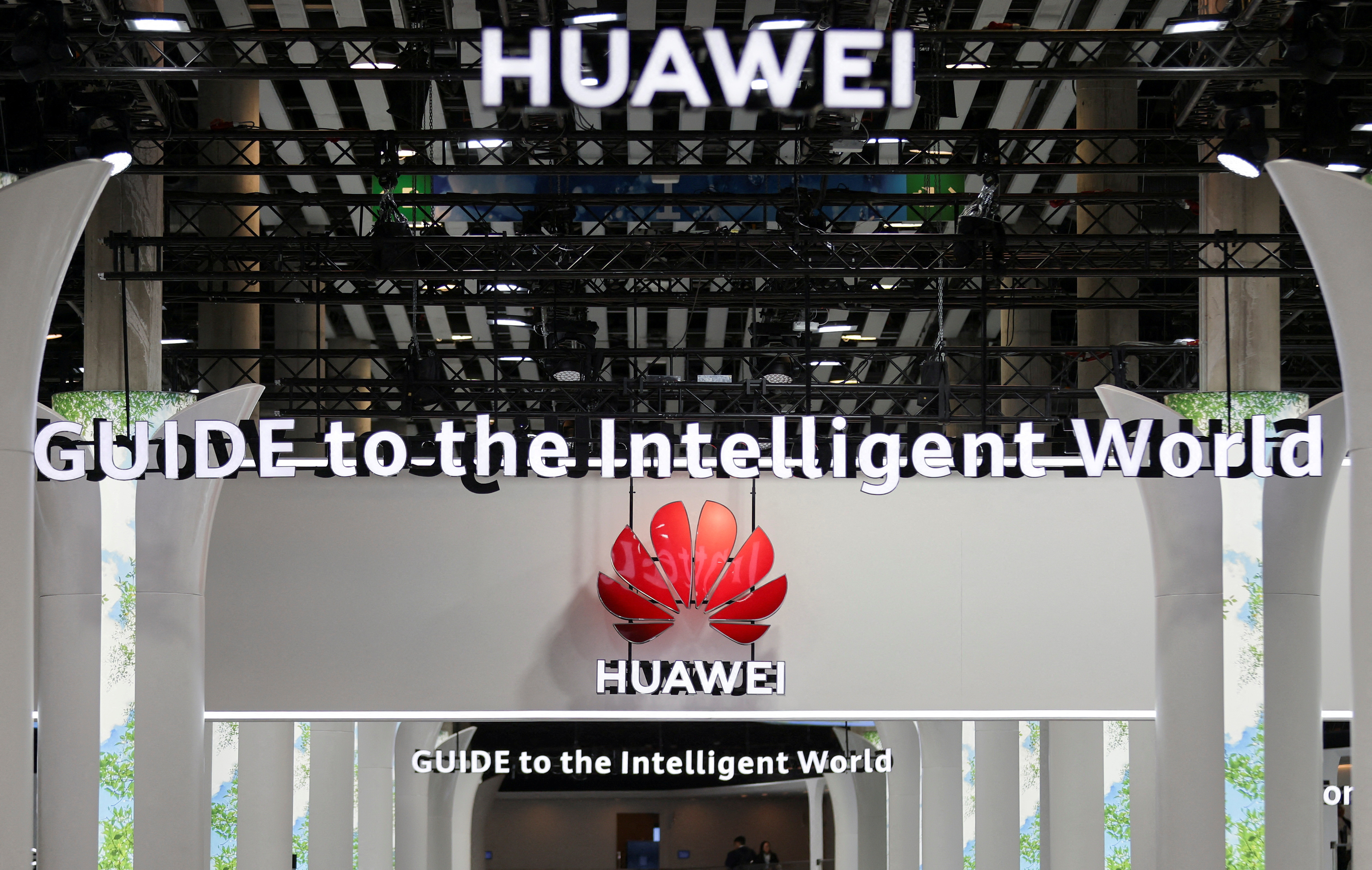 Huawei logo at GSMA's 2023 Mobile World Congress (MWC) in Barcelona