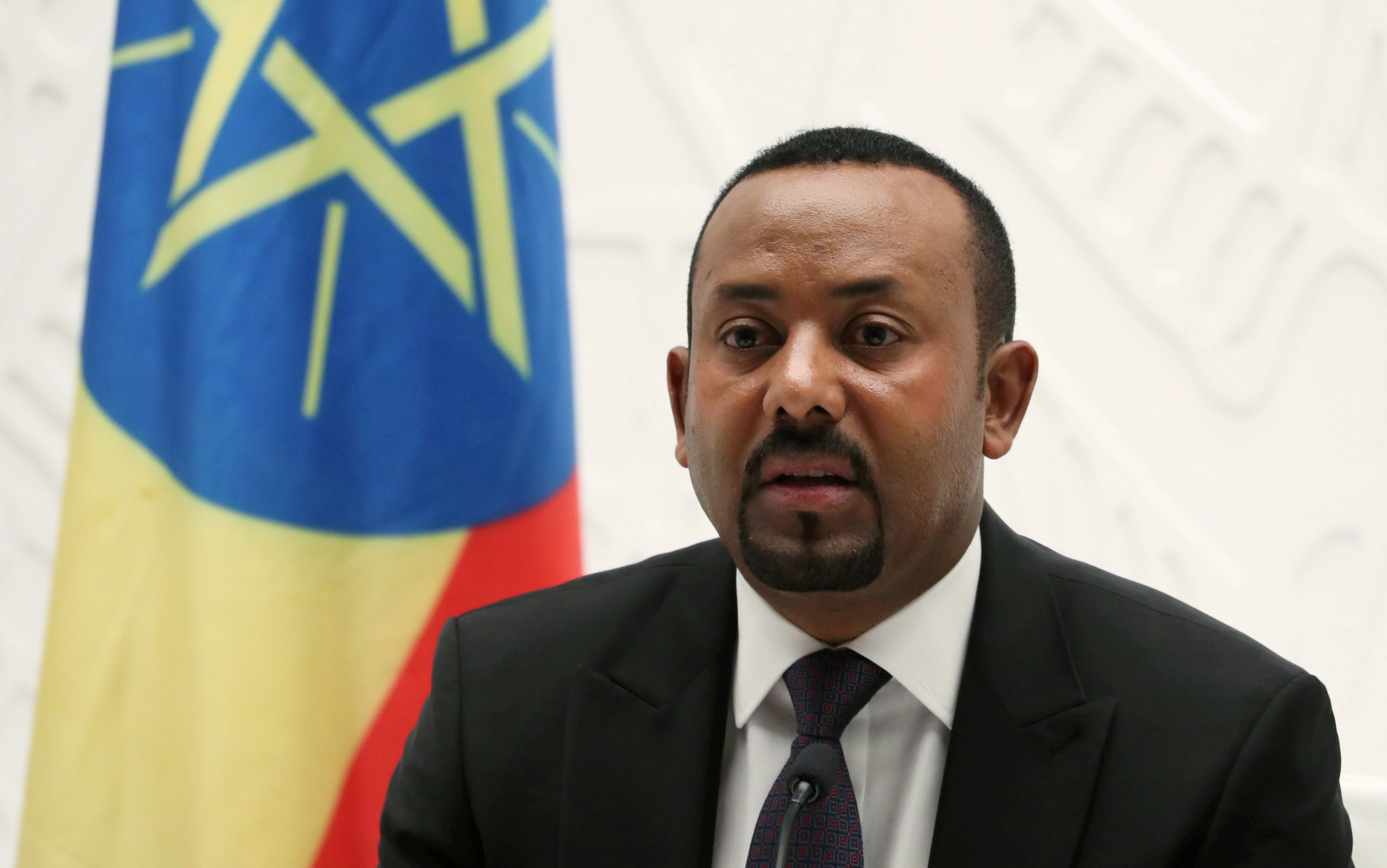 Ethiopia's Prime Minister Abiy Ahmed speaks at a news conference at his office in Addis Ababa