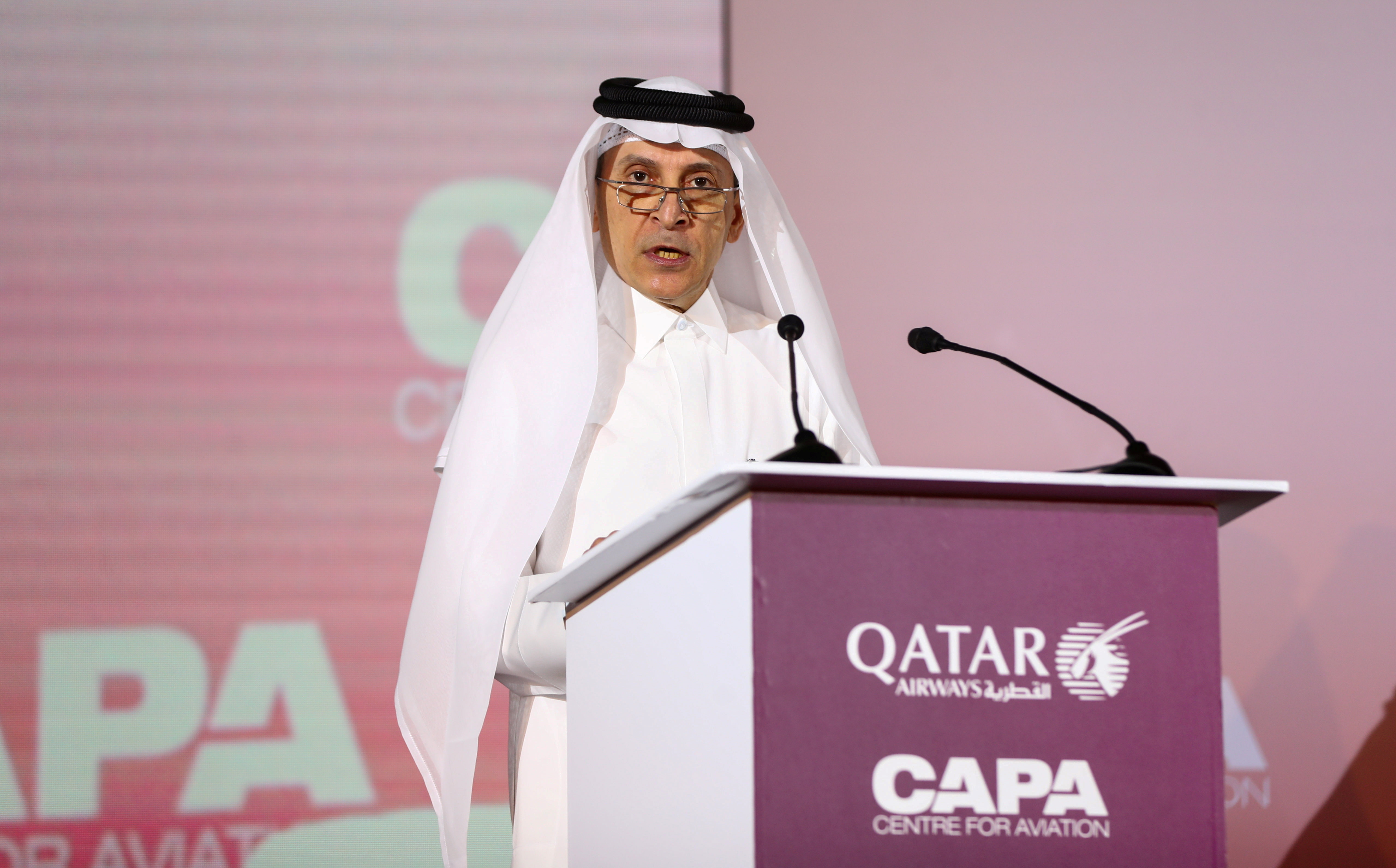 Qatar Airway's Chief Executive Officer, Akbar Al Baker speaks in a welcome speech at Qatar aviation conference, in Doha, Qatar February 5, 2020. REUTERS/Ibraheem al Omari