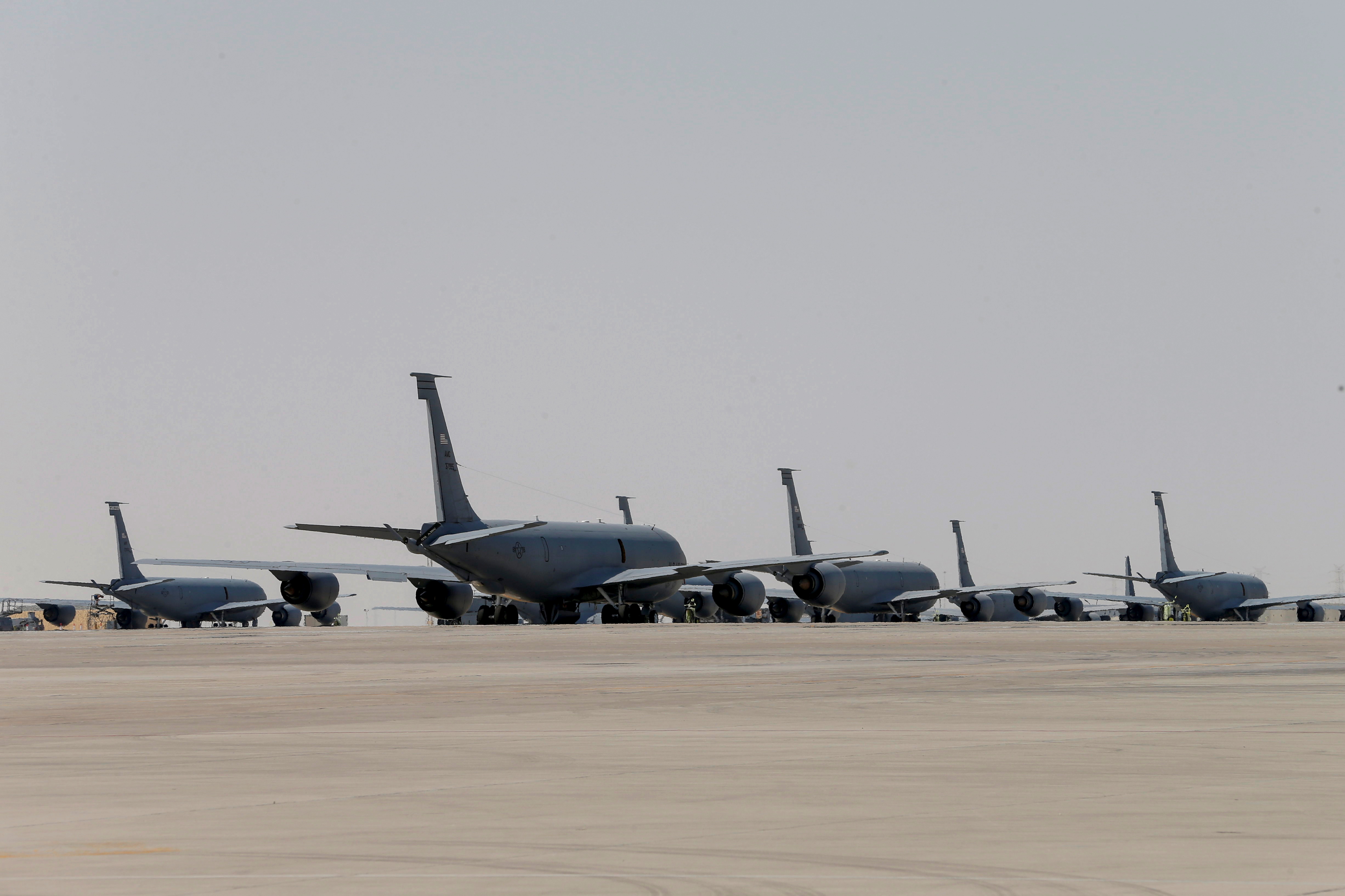 U.S. Air Force planes, which were used to evacuate people from Afghanistan, are seen at Al Udeid airbase in Doha