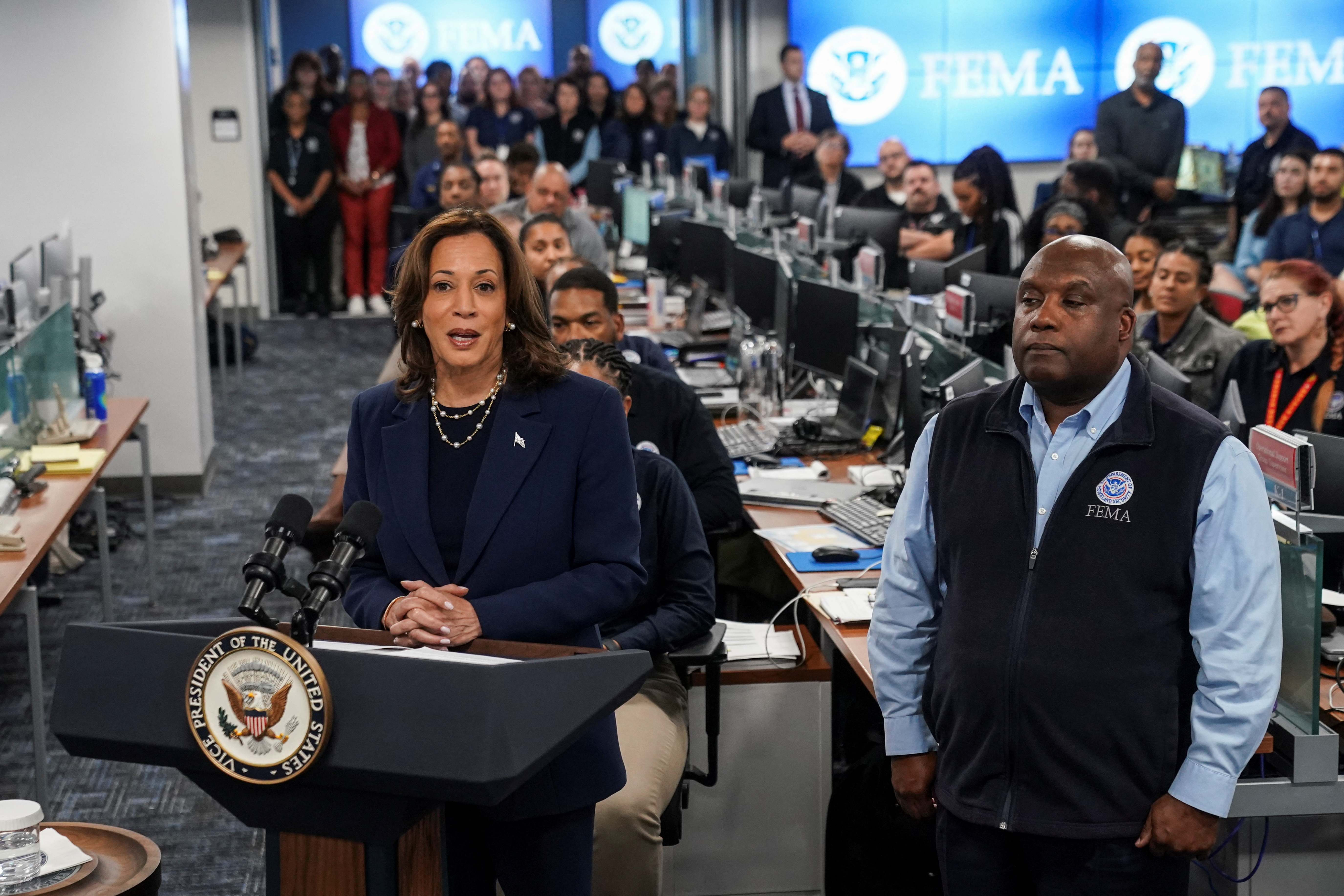 Democratic presidential nominee and U.S. Vice President Kamala Harris visits FEMA headquarters, in Washington