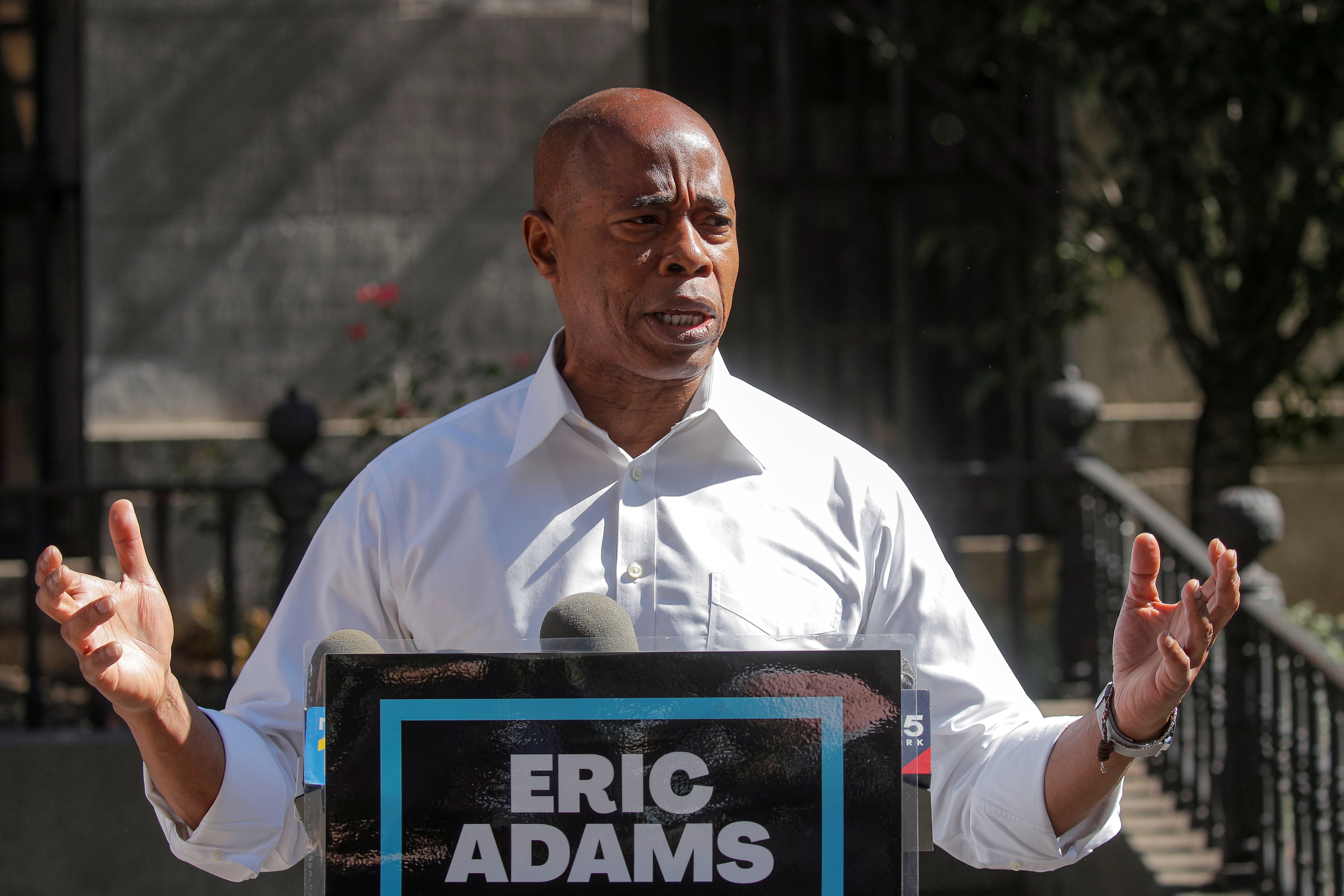 Eric Adams speaks during a news conference outside Brooklyn borough hall in Brooklyn, New York