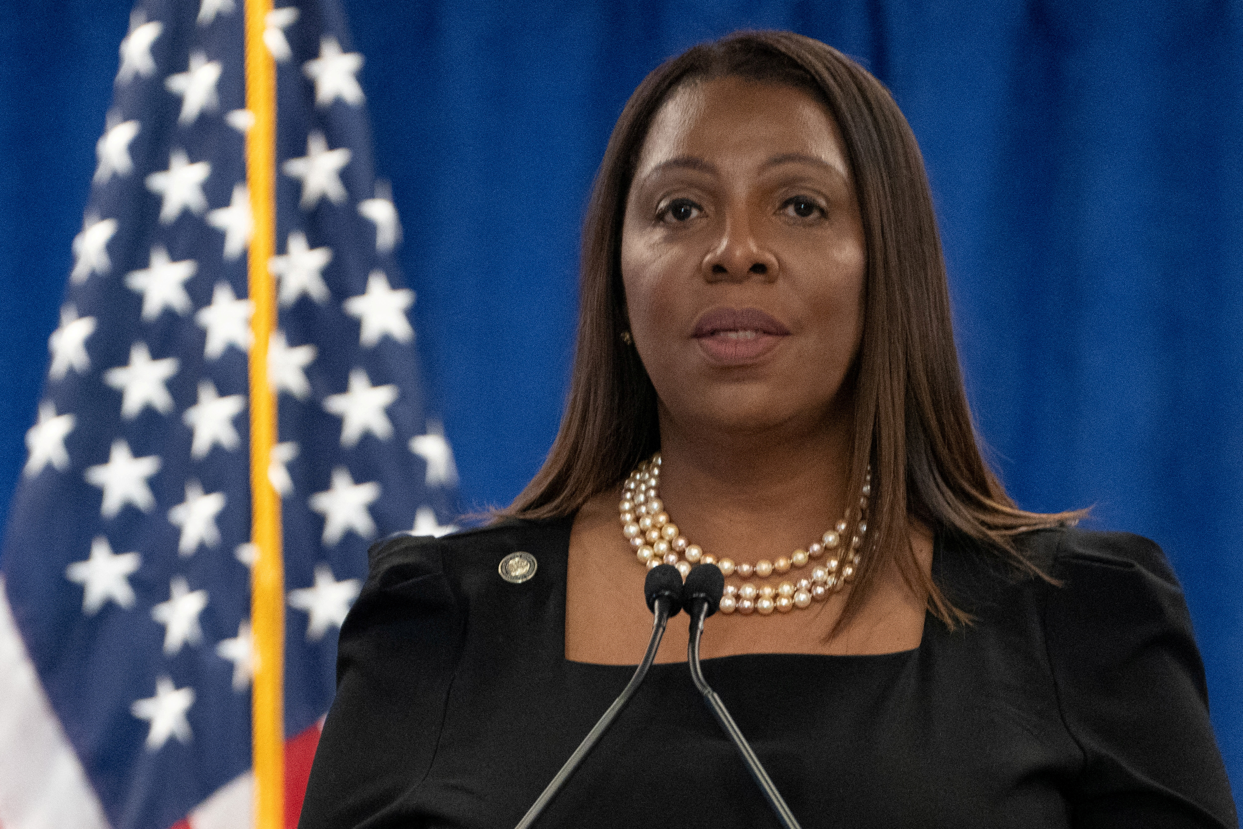 New York Attorney General Letitia James holds a press conference following a ruling against former U.S. President Donald Trump, in New York City
