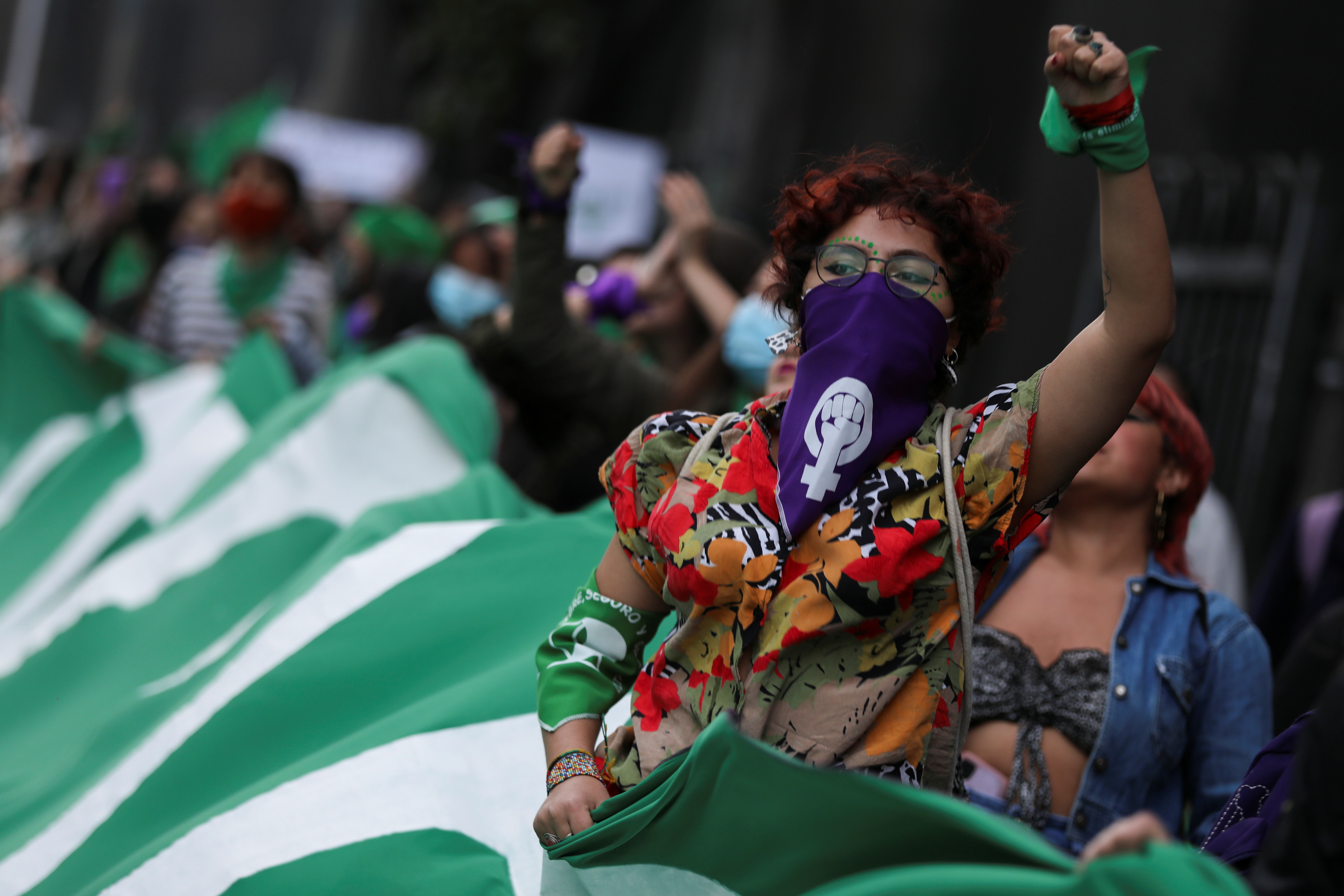 A demonstrator gestures during a rally in support of legal and safe abortion and to mark the International Safe Abortion Day in Bogota, Colombia September 28, 2021. REUTERS/Luisa Gonzalez