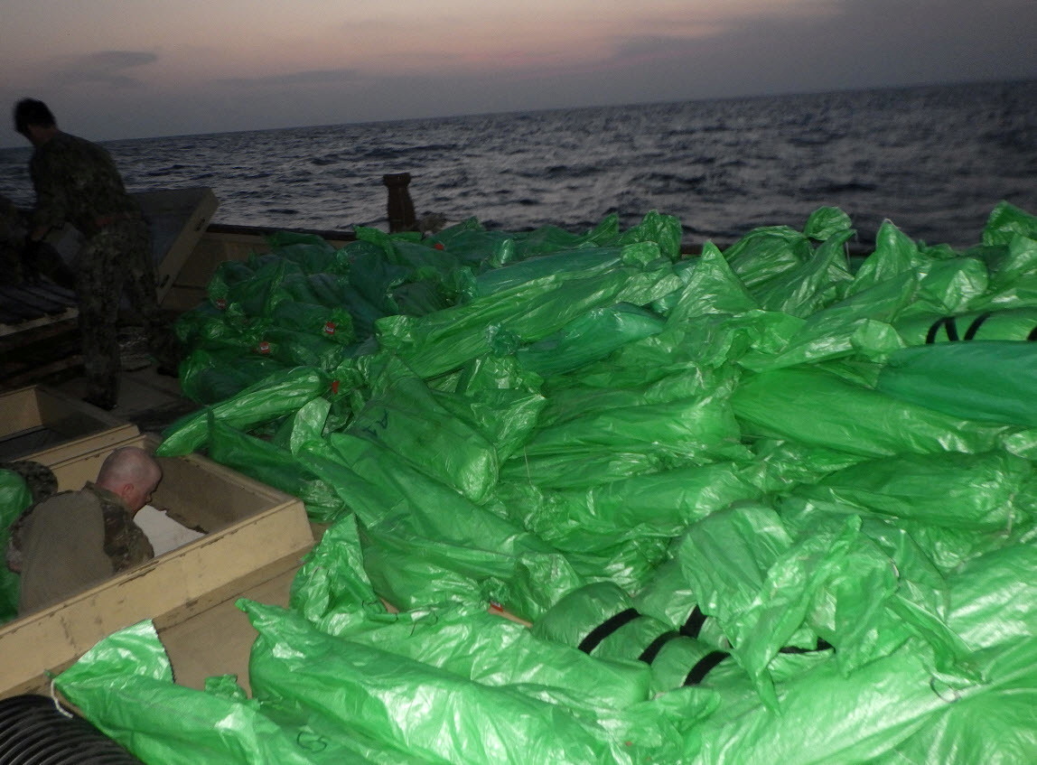 Seized weapons and ammunition is seen onboard the Guided-missile cruiser USS Monterey (CG 61), interdicted a shipment of illicit weapons from a stateless dhow in international waters of the North Arabian Sea in this picture taken on May 7, 2021 and released by U.S.Navy on May 9, 2021. U.S. Navy Forces Central Command/U.S. Navy/Handout via REUTERS 