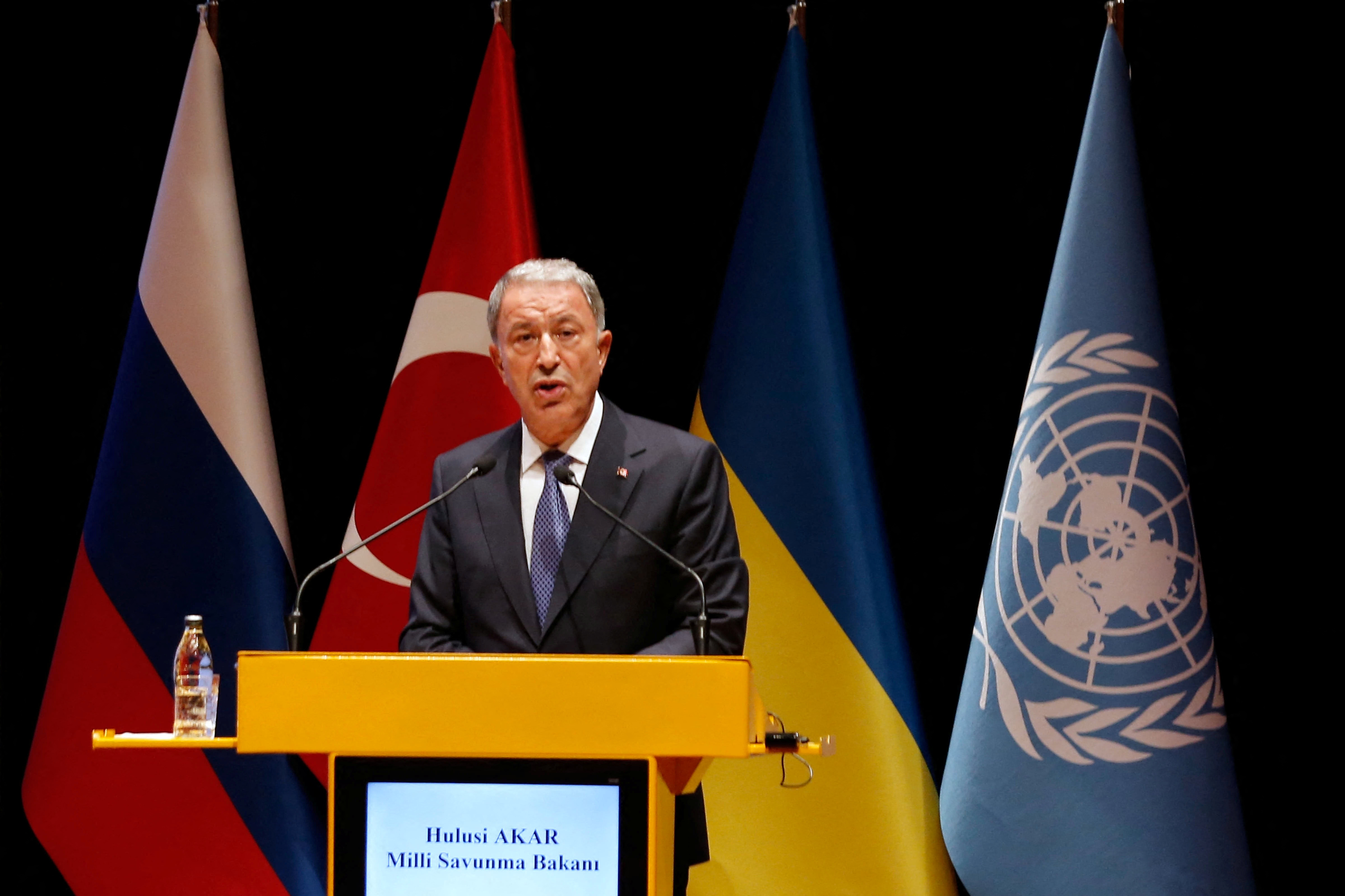 Turkish Defence Minister Akar speaks during a news conference at JCC in Istanbul