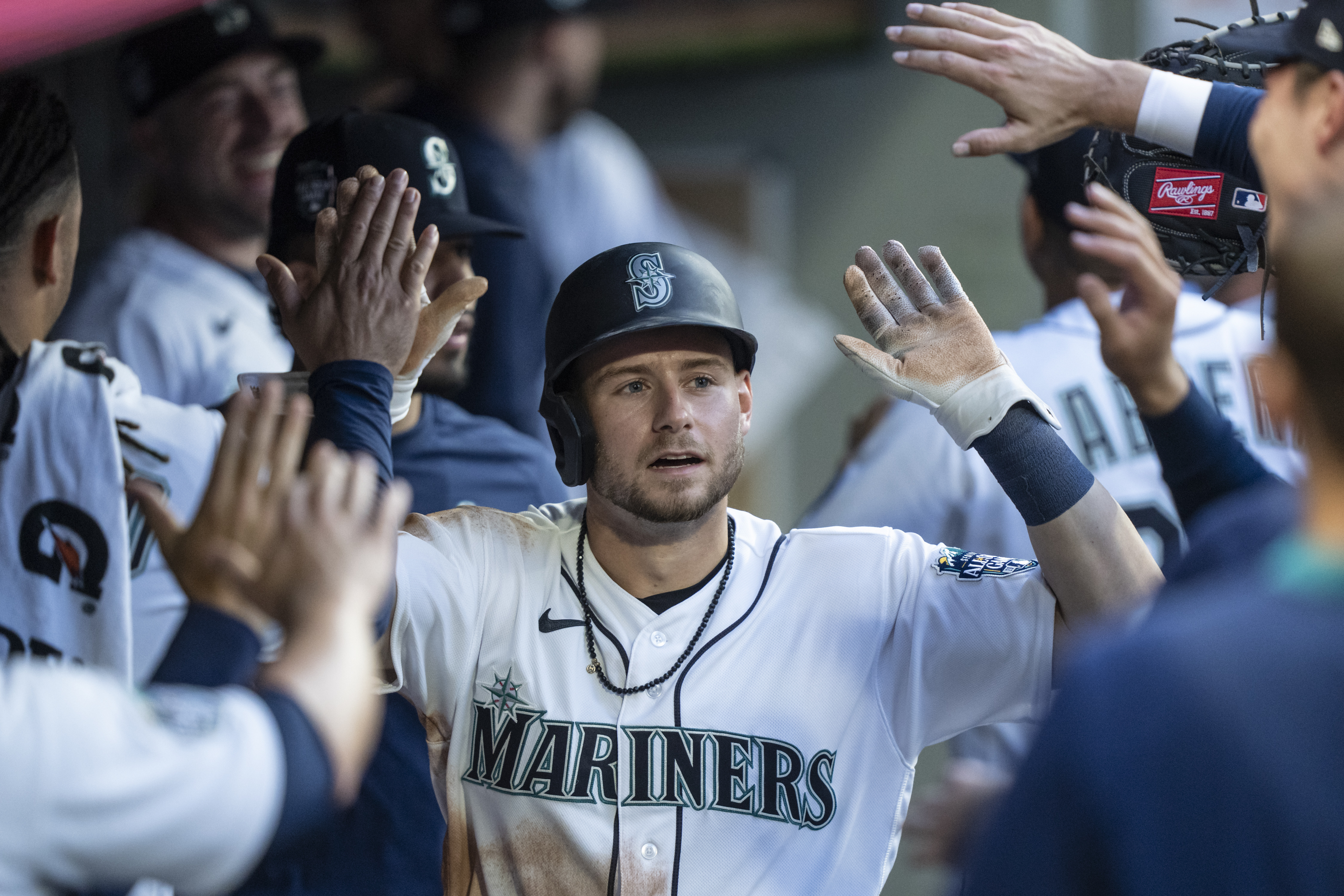 Teoscar Hernandez of the Seattle Mariners celebrates a run against the  Washington Nationals during the fifth inning at T-Mobile Park on June 26,  2023, in Seattle, Washington., National Sports