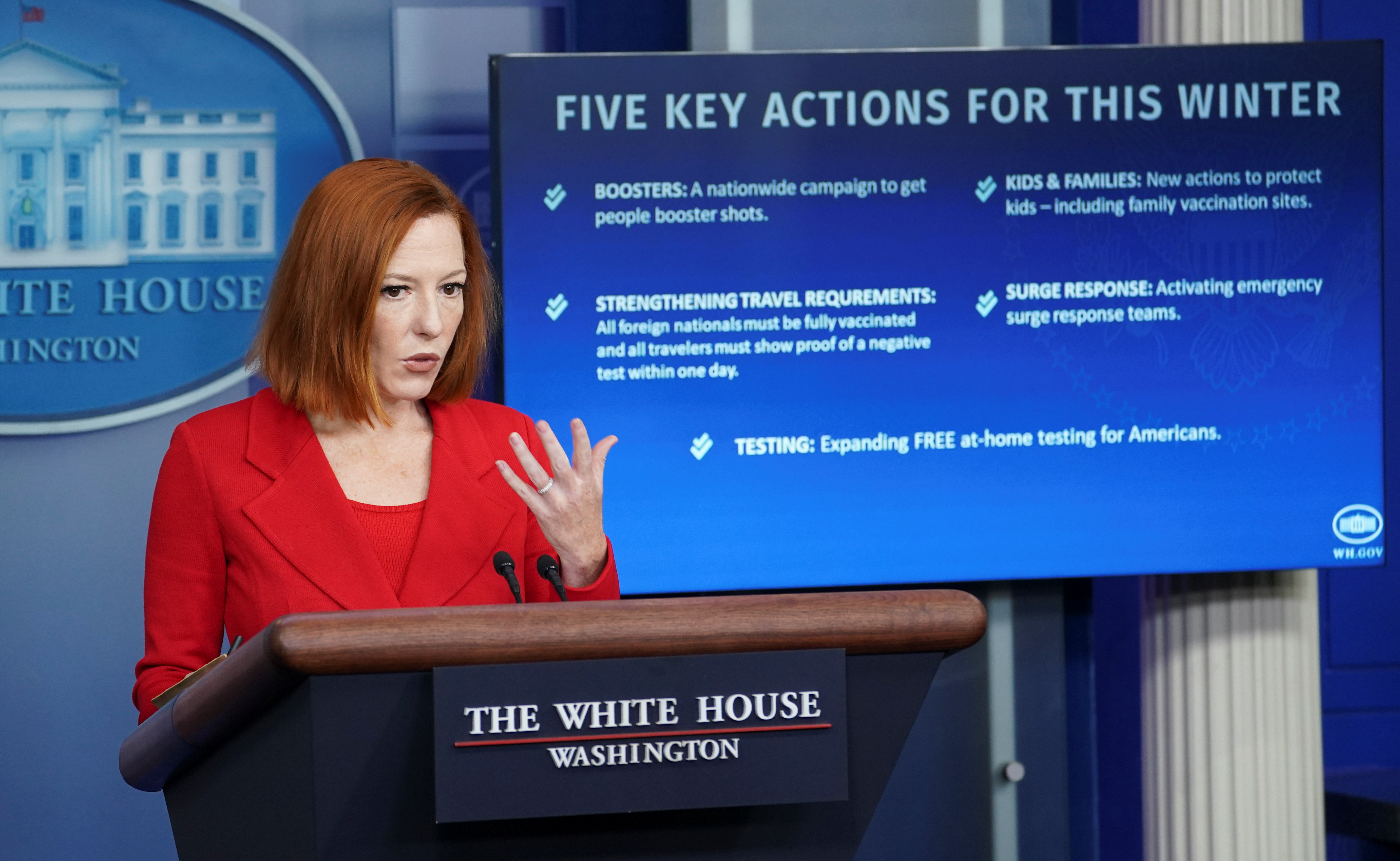 White House press secretary Jen Psaki speaks about the Biden administration's plan to fight COVID-19 this winter during a press briefing at the White House in Washington, U.S., December 2, 2021. REUTERS/Kevin Lamarque     