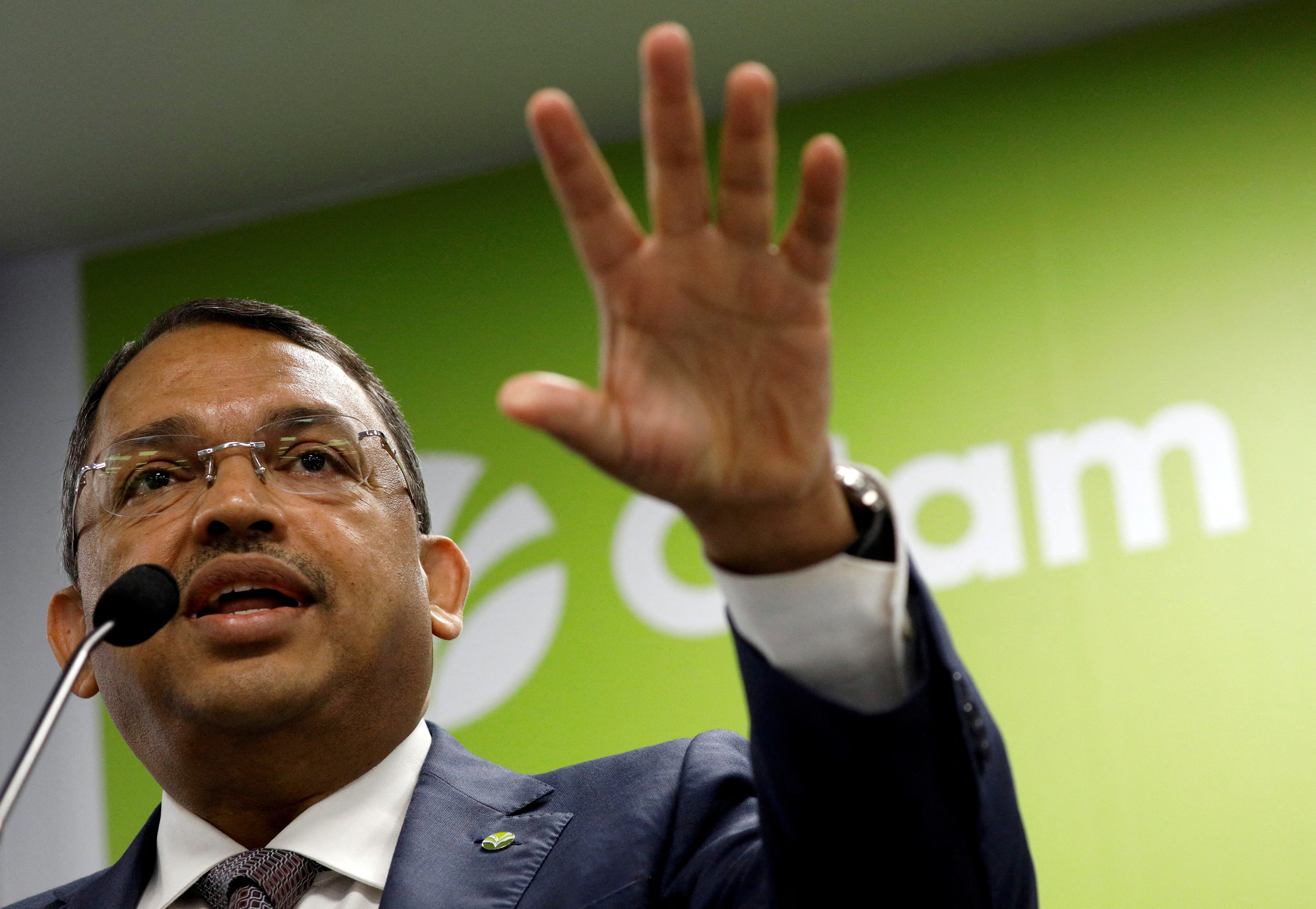 Olam's co-founder and Group Chief Executive Officer Sunny Verghese speaks during an earnings announcement in Singapore