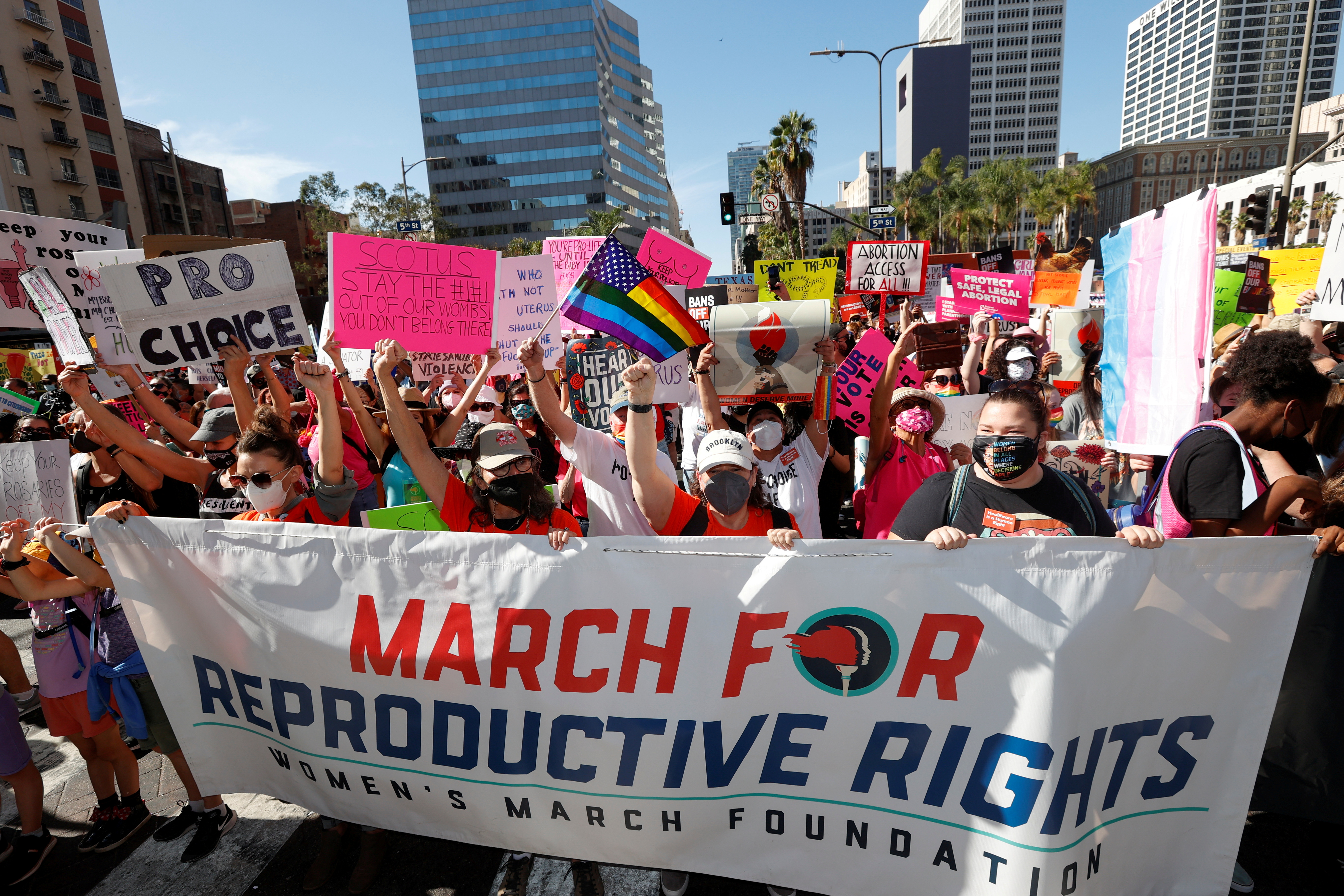 Supporters of reproductive choice take part in the nationwide Women's March in Los Angeles