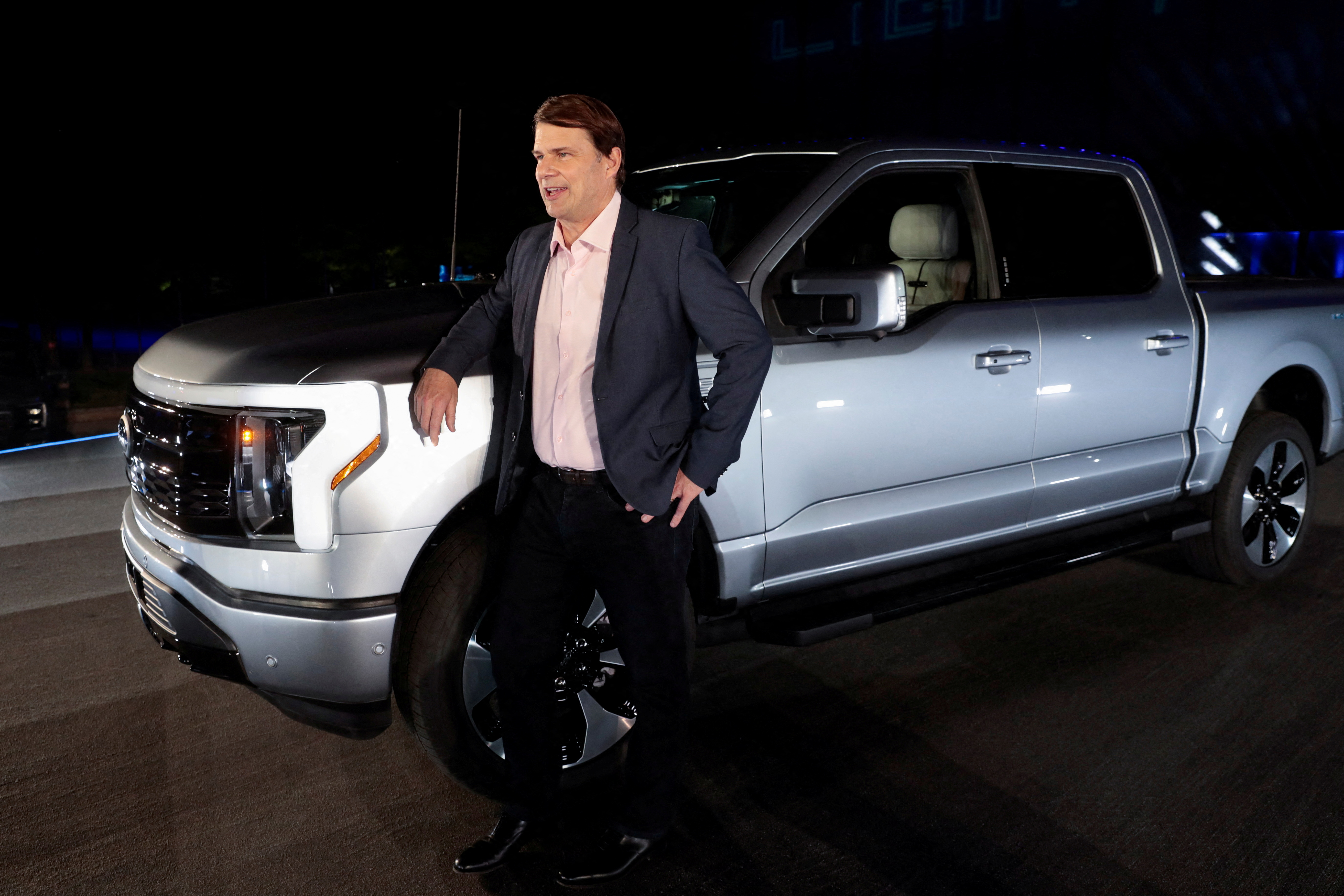 Unveiling of the all-electric Ford F-150 Lightning pickup truck, in Dearborn