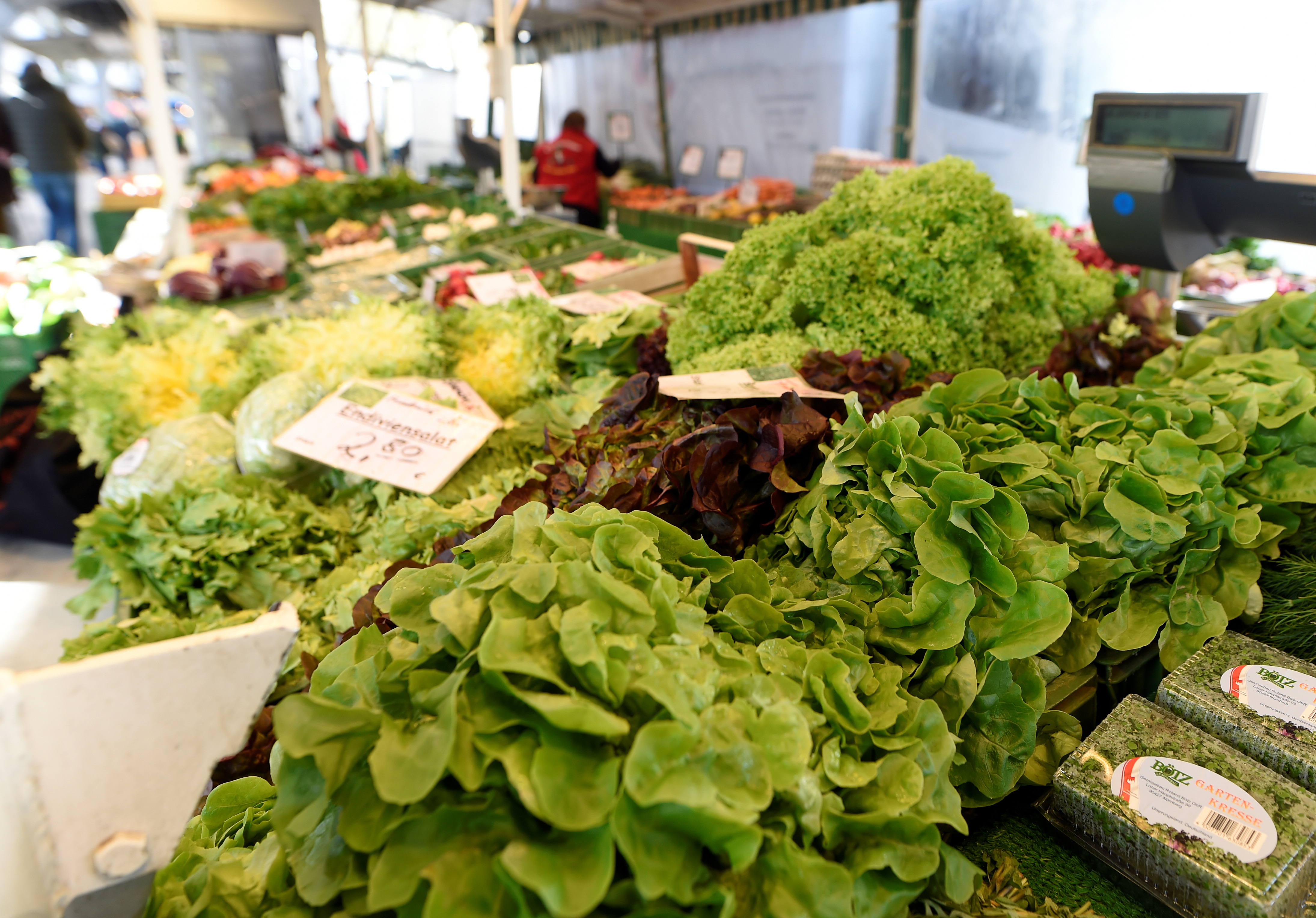 Salads and vegetables are offered on a farmer's market during the outbreak of coronavirus disease (COVID-19) in Hamburg