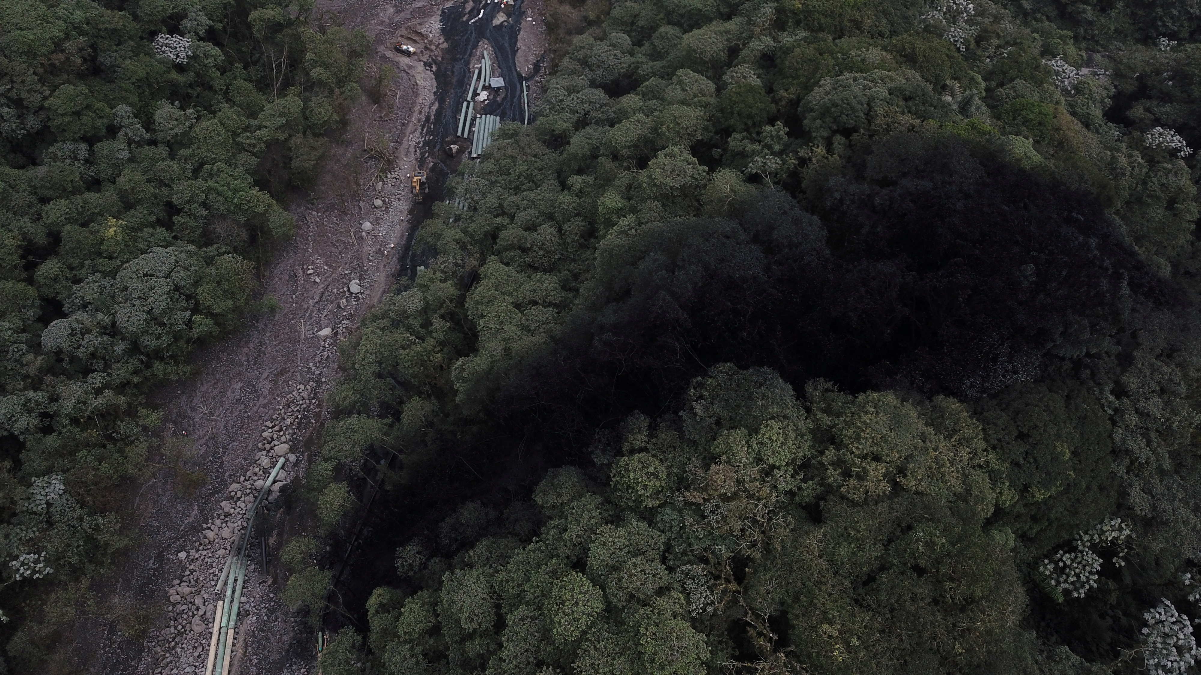 Spillage from an oil pipeline rupture and damage to tree tops is seen in Piedra Fina, Ecuador