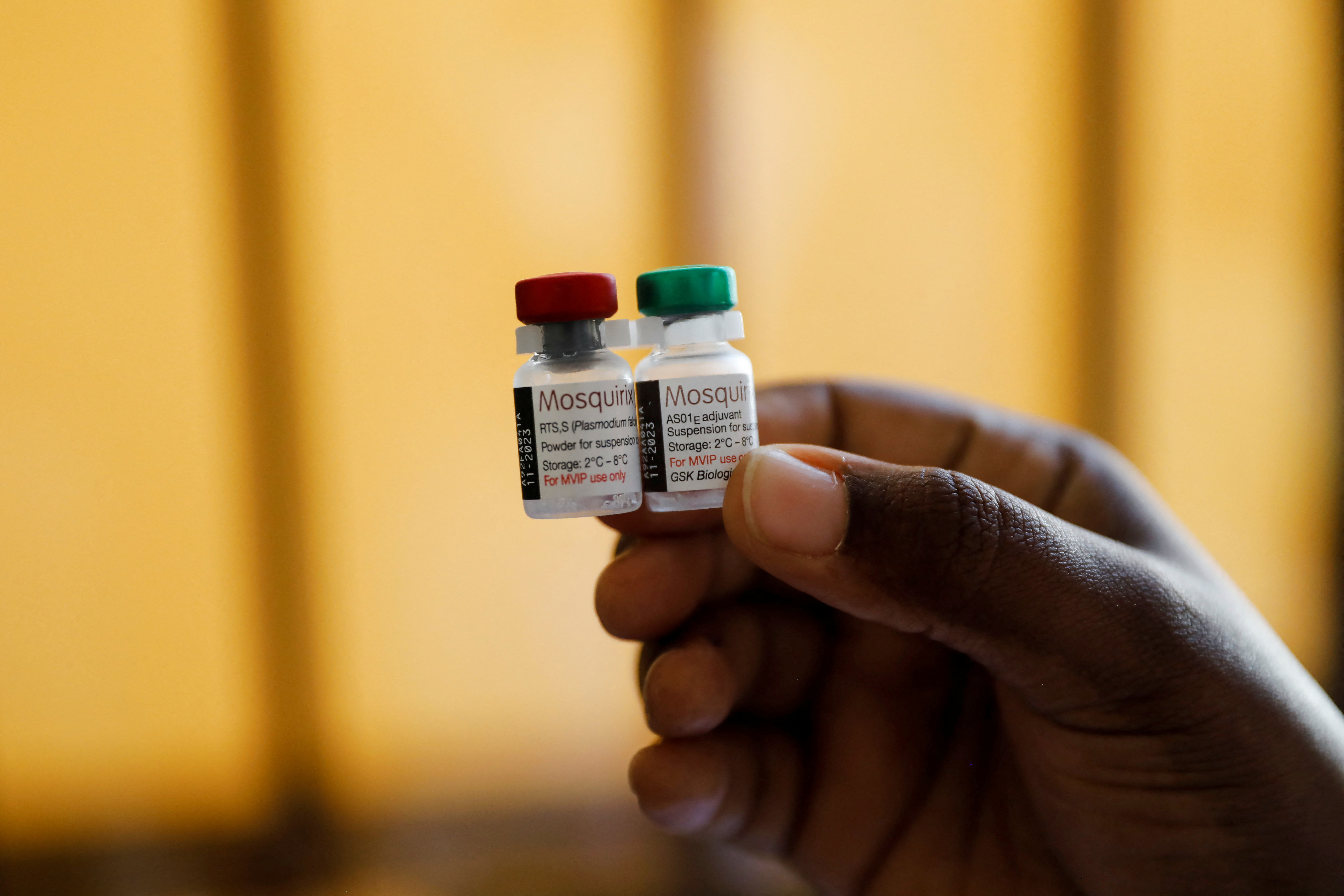 A nurse holds malaria vaccine vials before administering it to an infant at the Lumumba hospital in Kisumu