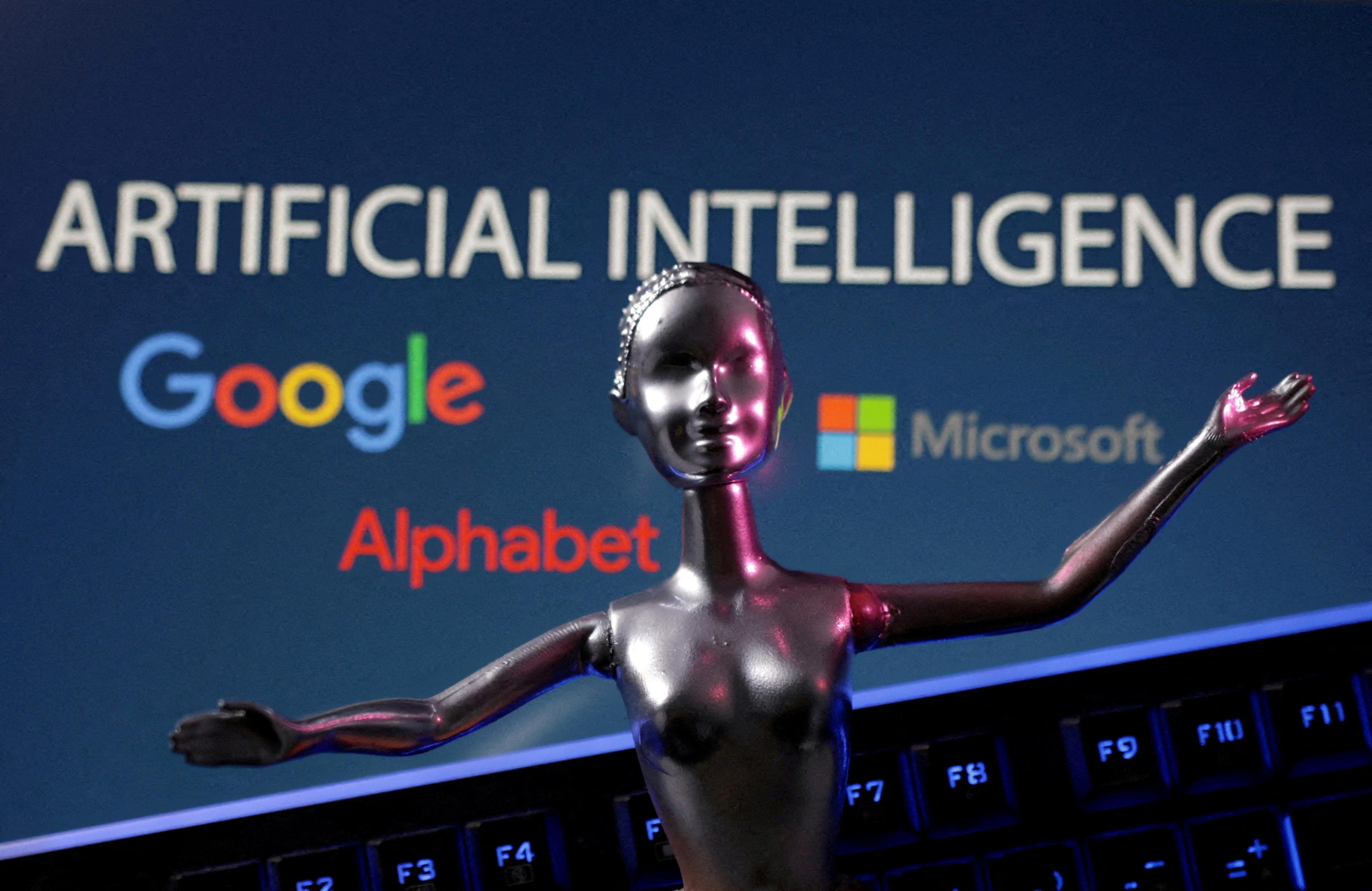 Illustration shows Google, Microsoft and Alphabet logos and AI Artificial Intelligence words