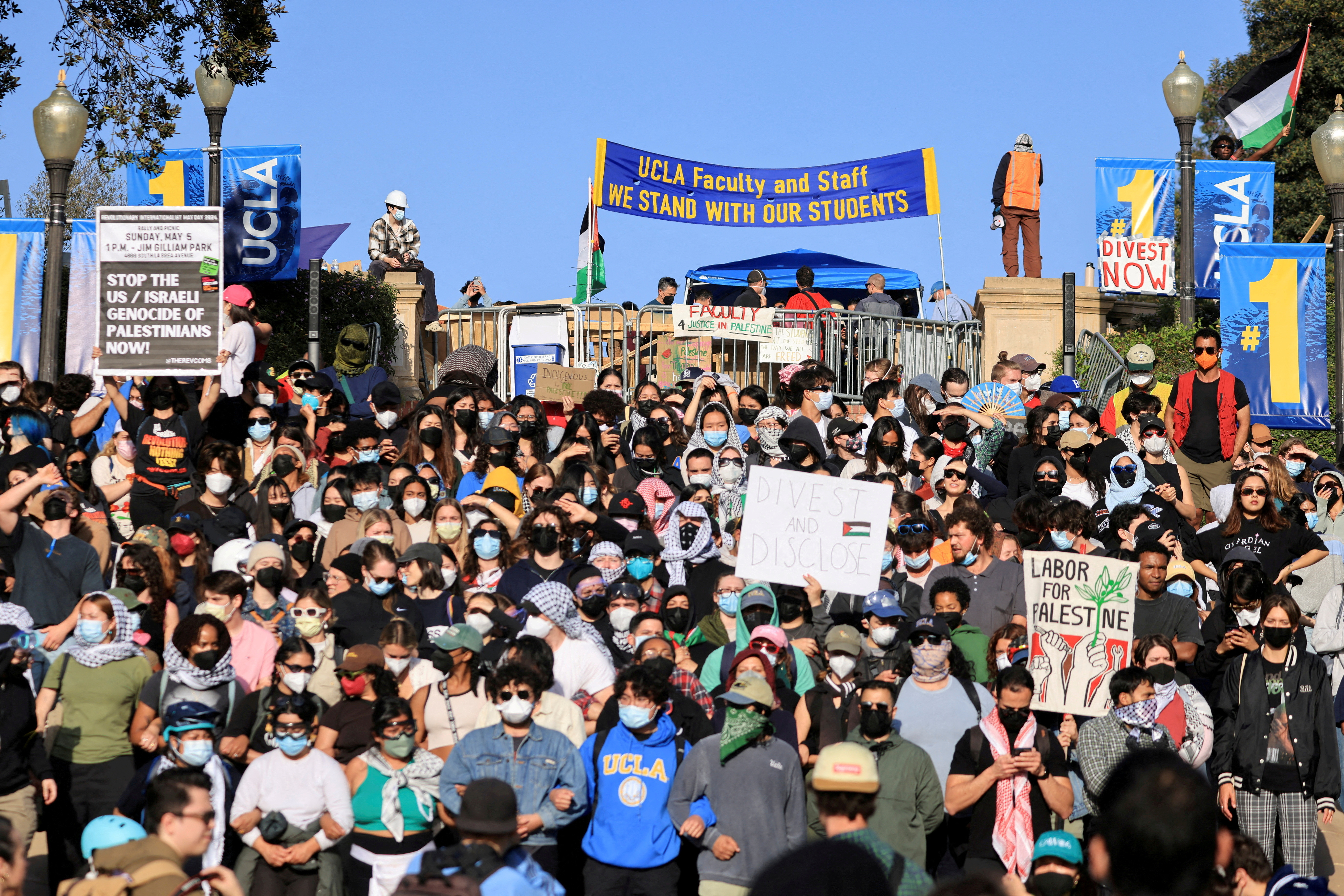 Protesters gather at the University of California, Los Angeles (UCLA), in Los Angeles