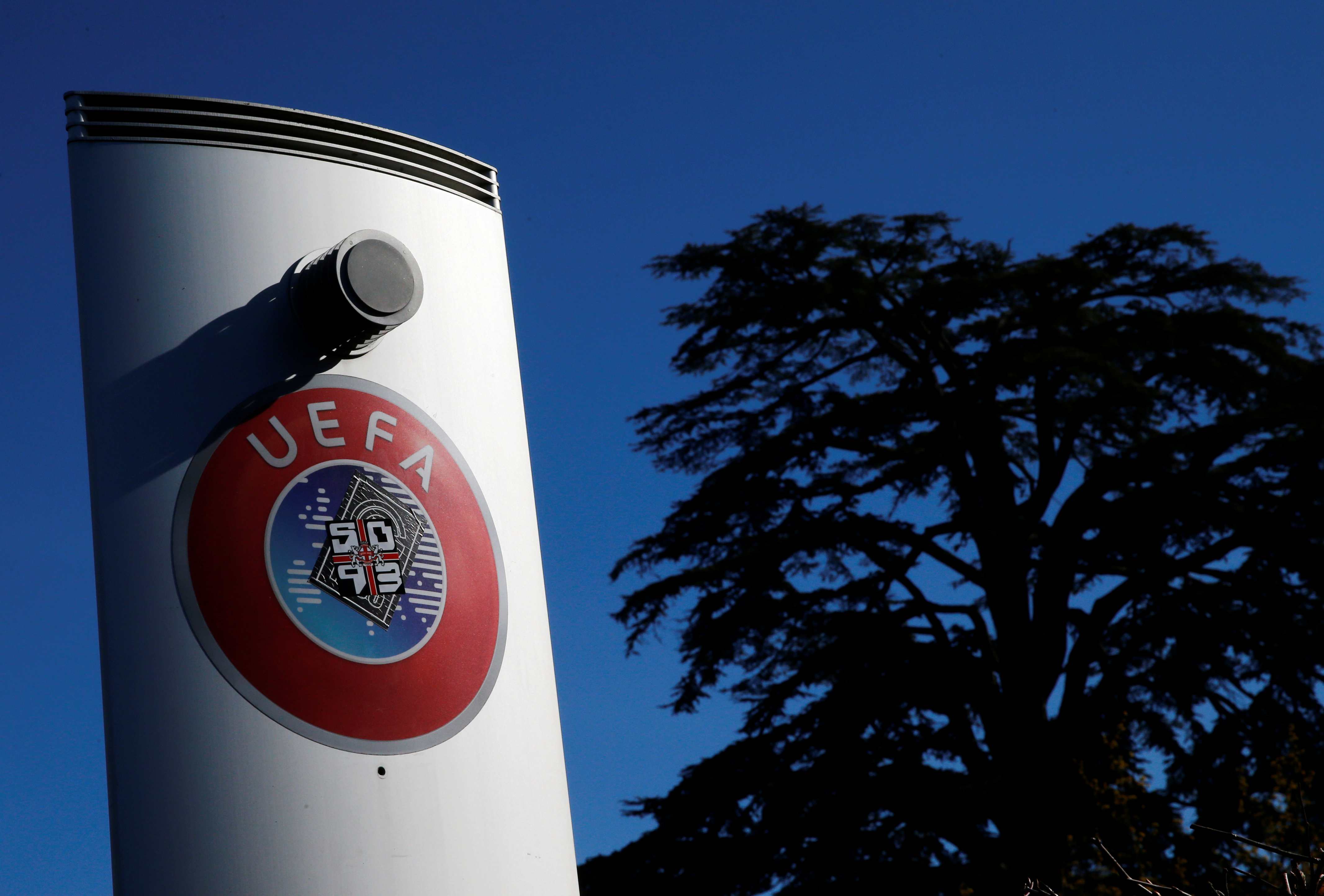 A logo is pictured outside the UEFA in Nyon