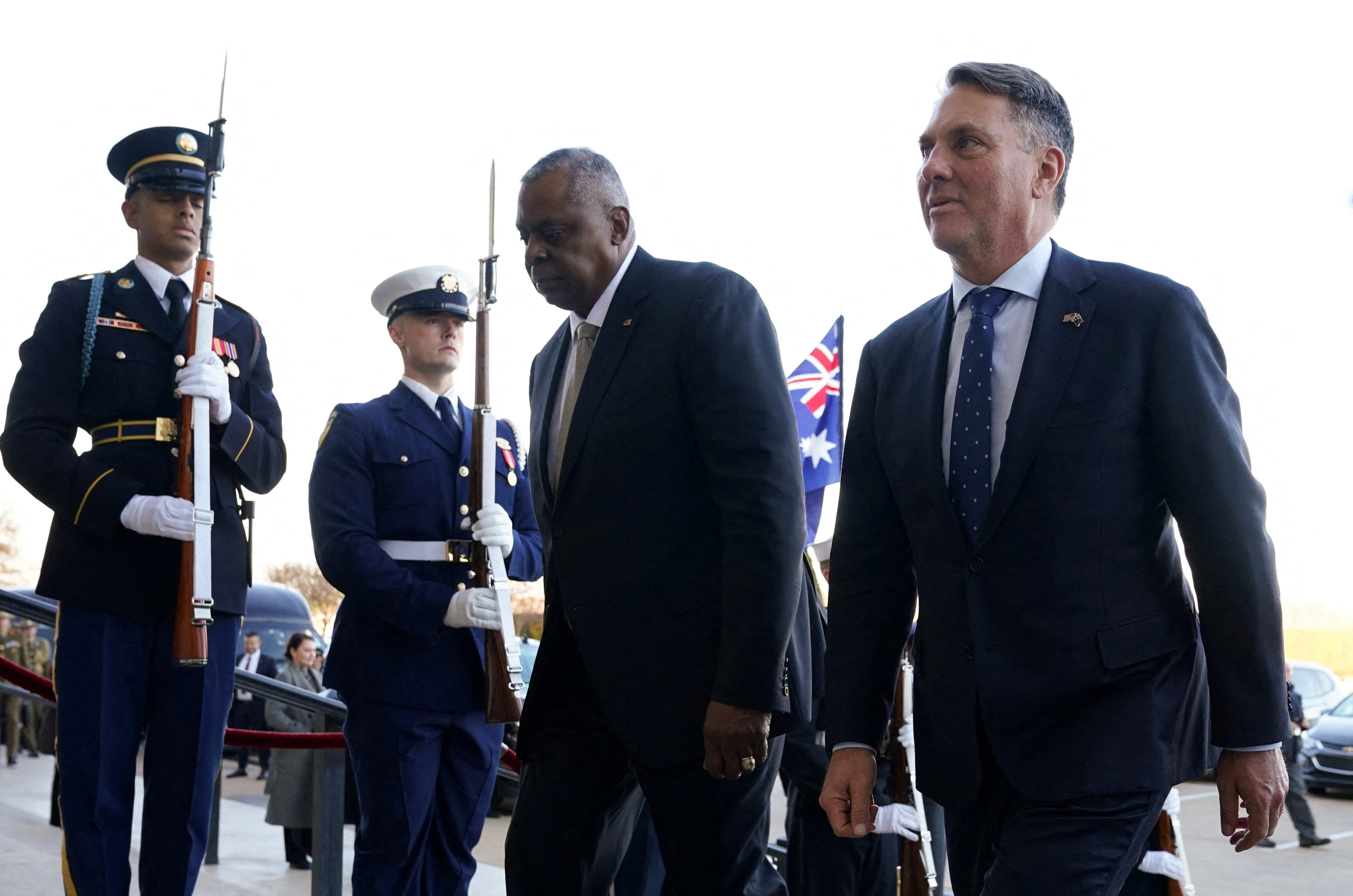 U.S. Defense Secretary Lloyd Austin welcomes Australian Defense Minister Richard Marles at the Pentagon in Washington