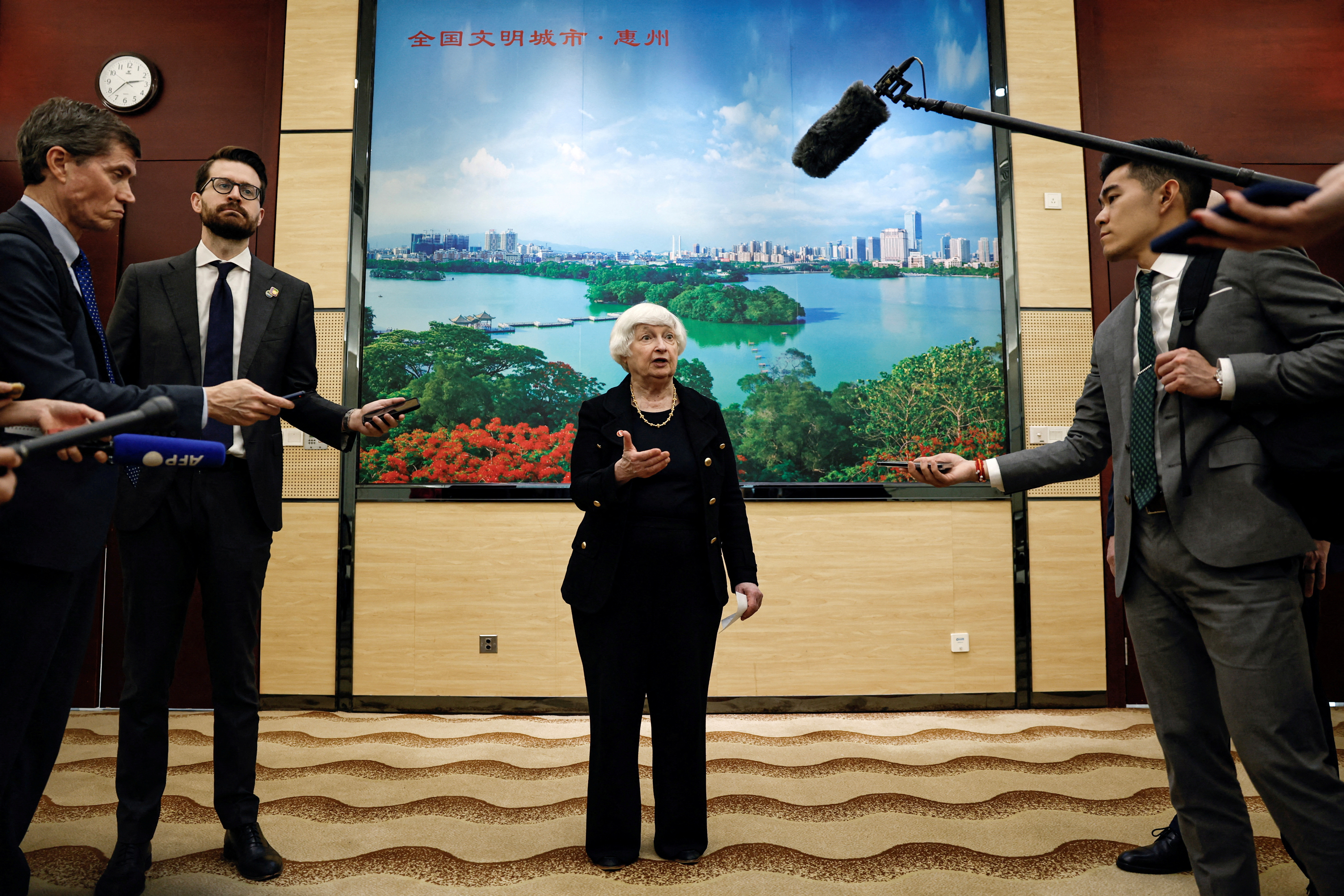 U.S. Treasury Secretary Janet Yellen attends a press briefing in Guangzhou,