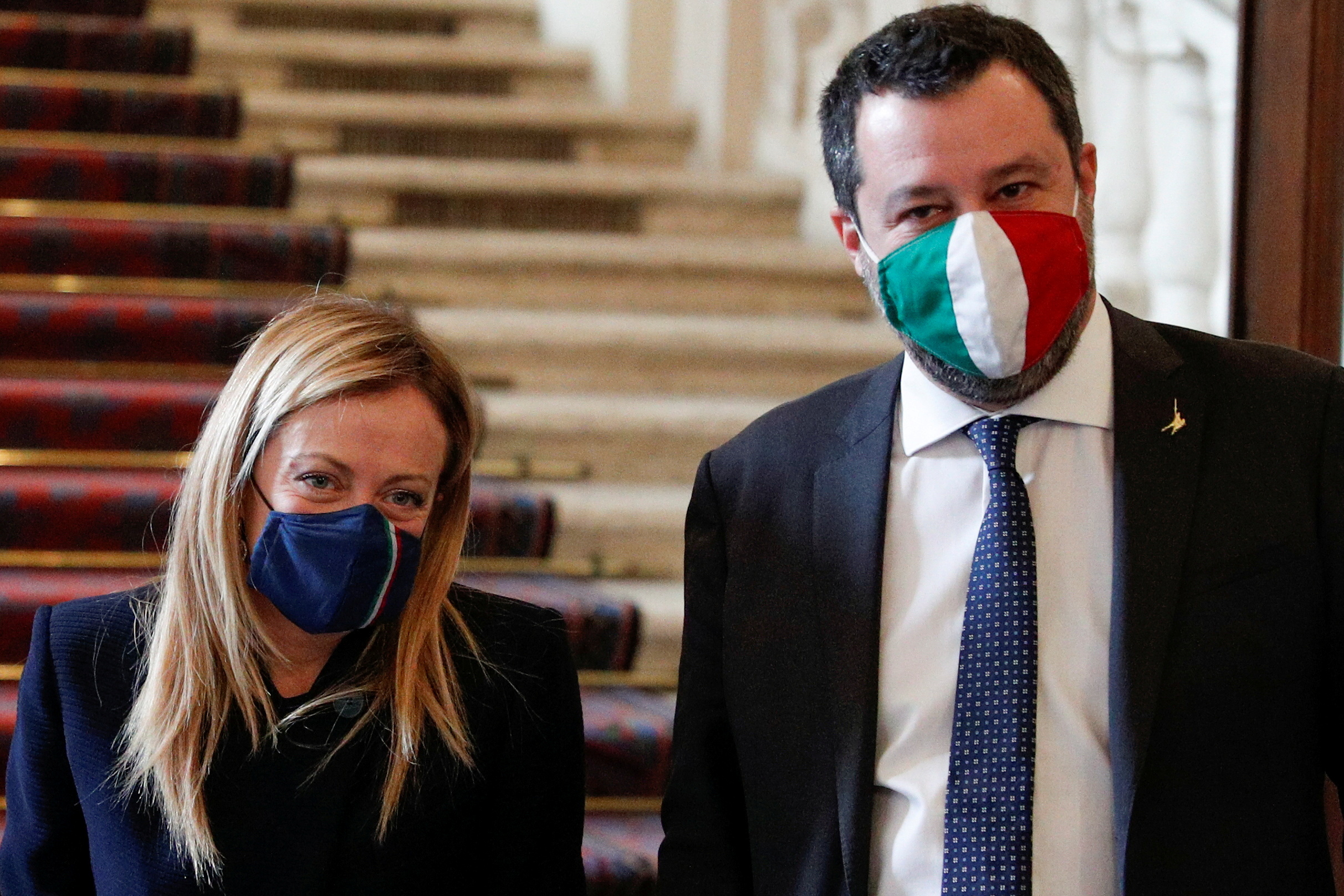 Brothers of Italy leader Giorgia Meloni and League party leader Matteo Salvini leave after a meeting with Italian President Sergio Mattarella at the Quirinale Palace in Rome
