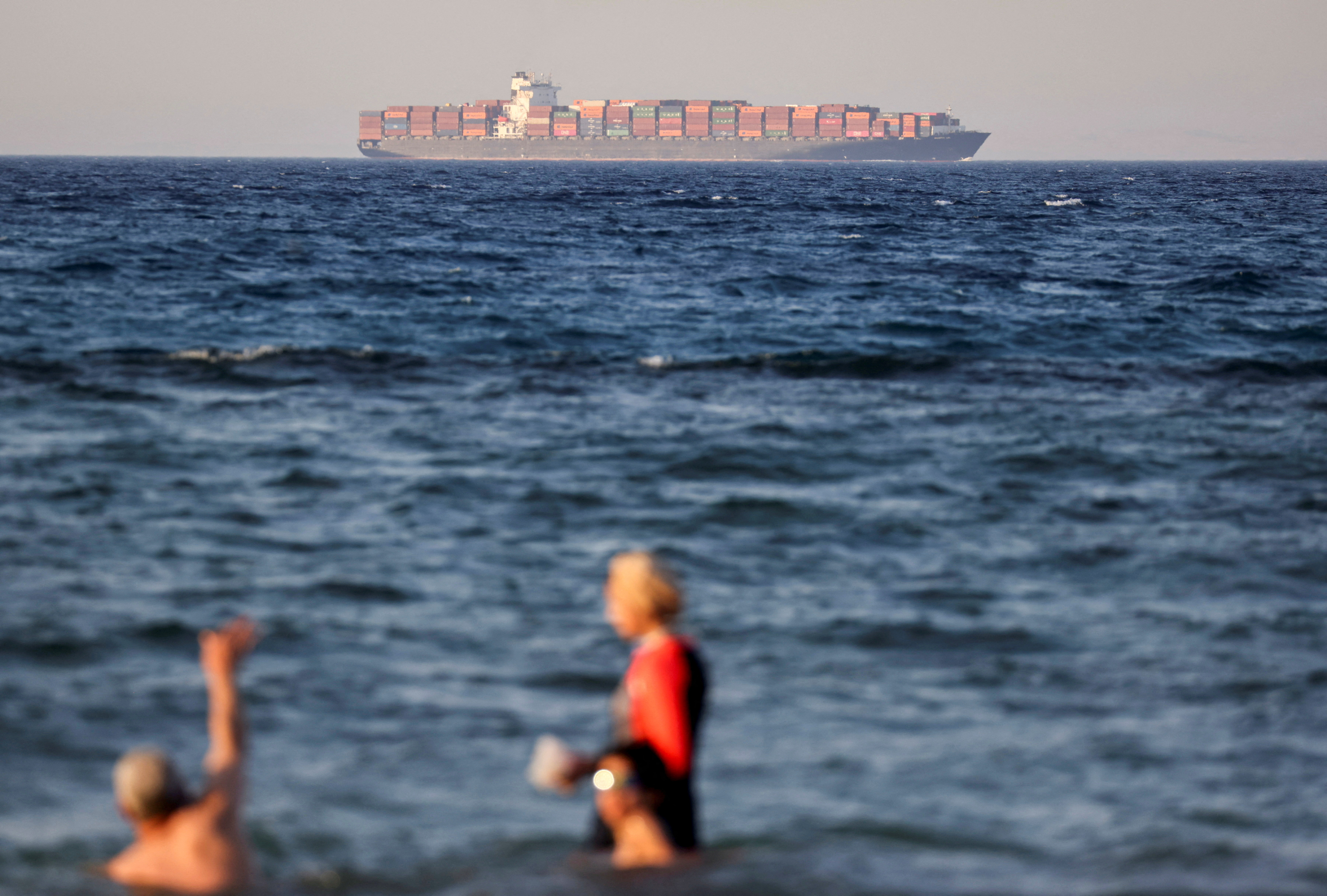 A container ship crosses the Gulf of Suez towards the Red Sea before entering the Suez Canal, in Al-'Ain al-Sokhna
