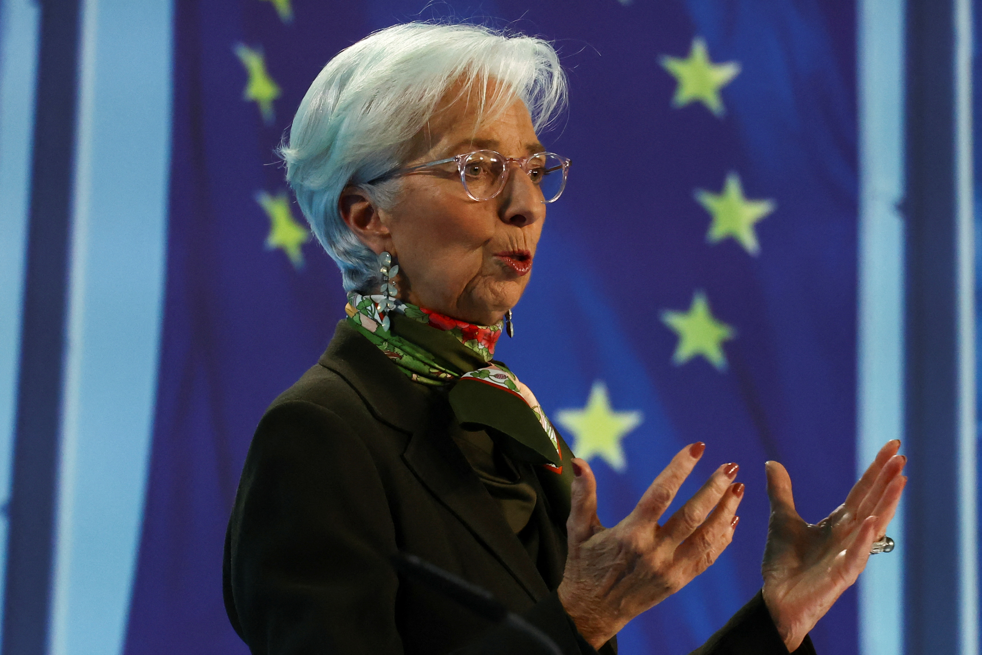 ECB President Lagarde speaks to reporters following the Governing Council's monetary policy meeting, in Frankfurt